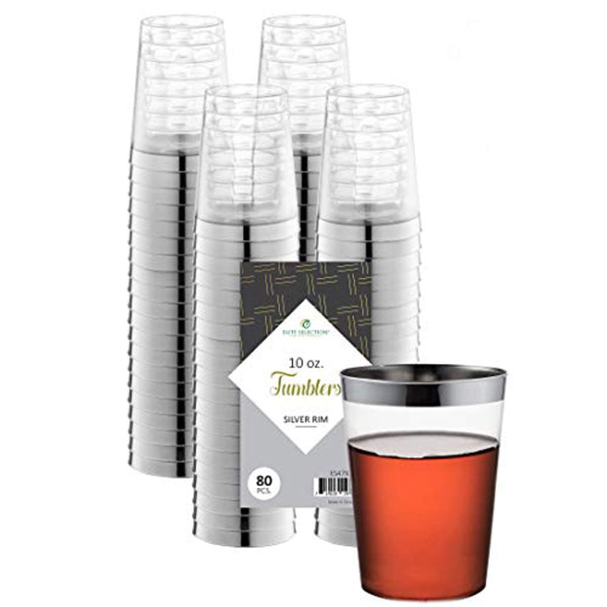 ELITE SELECTION Clear Disposable Plastic Cups With Silver Rim 10 Oz. Pack Of (80) Fancy Hard Plastic Cups - Party Accessories - Wedding - Cocktails- Tumblers