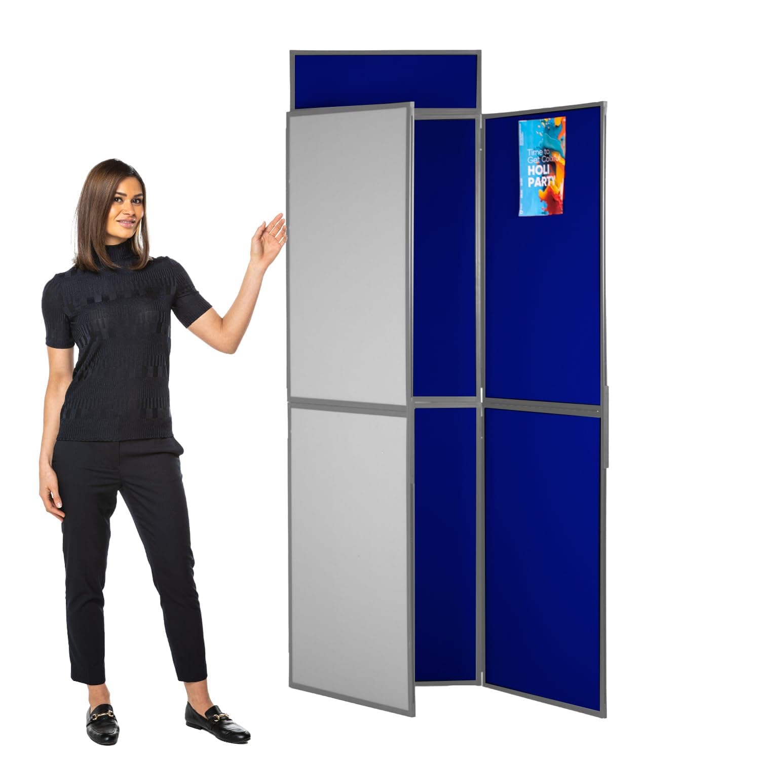 Wonderwall Freestanding 6 Panel Folding Display Kit | Double-Sided Exhibition Panel - Blue/Light Grey - with Bag, Header & a Pack of Adhesive Hook Fasteners- for Schools, Offices (6 Panel KIT)