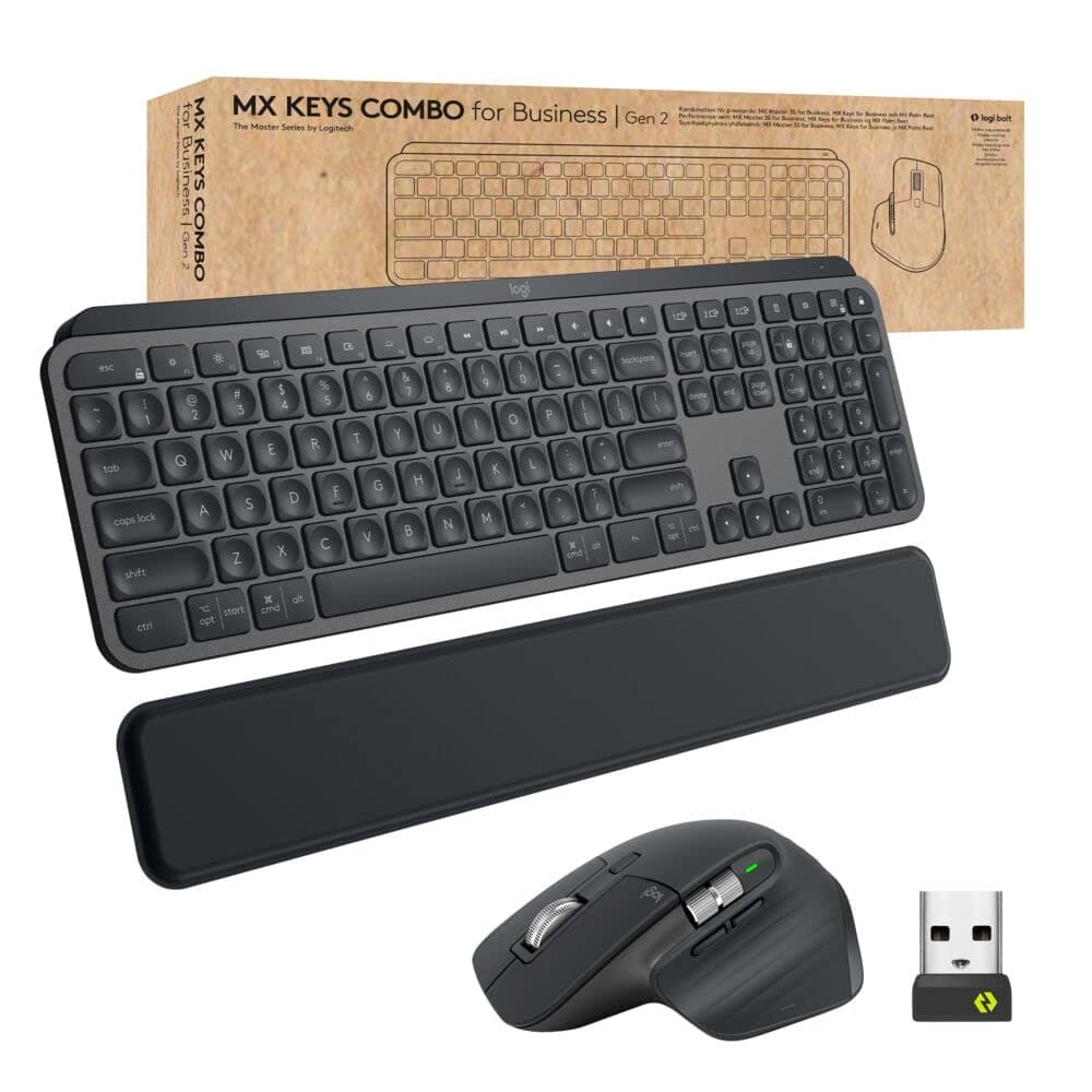 MX Keys Combo for Business | Gen 2, Full Size Wireless Keyboard and Wireless Mouse, with Keyboard Palm Rest, Bluetooth, Logi Bolt, Quiet Clicks, Windows/Mac/Chrome/Linux - Graphite