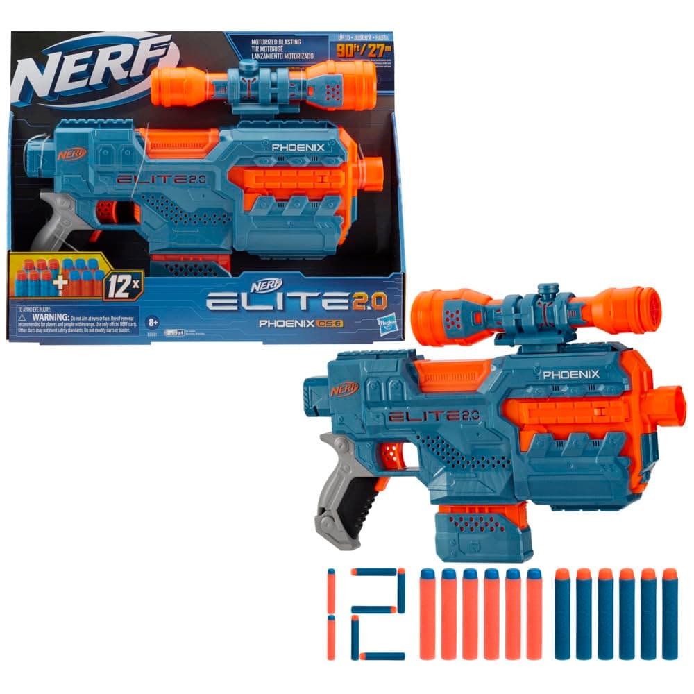 Elite 2.0 Phoenix Cs 6 Motorized Blaster, 12 Official Nerf Darts, 6 Dart Clip, Scope, Tactical Rails, Barrel And Stock Attachment Points