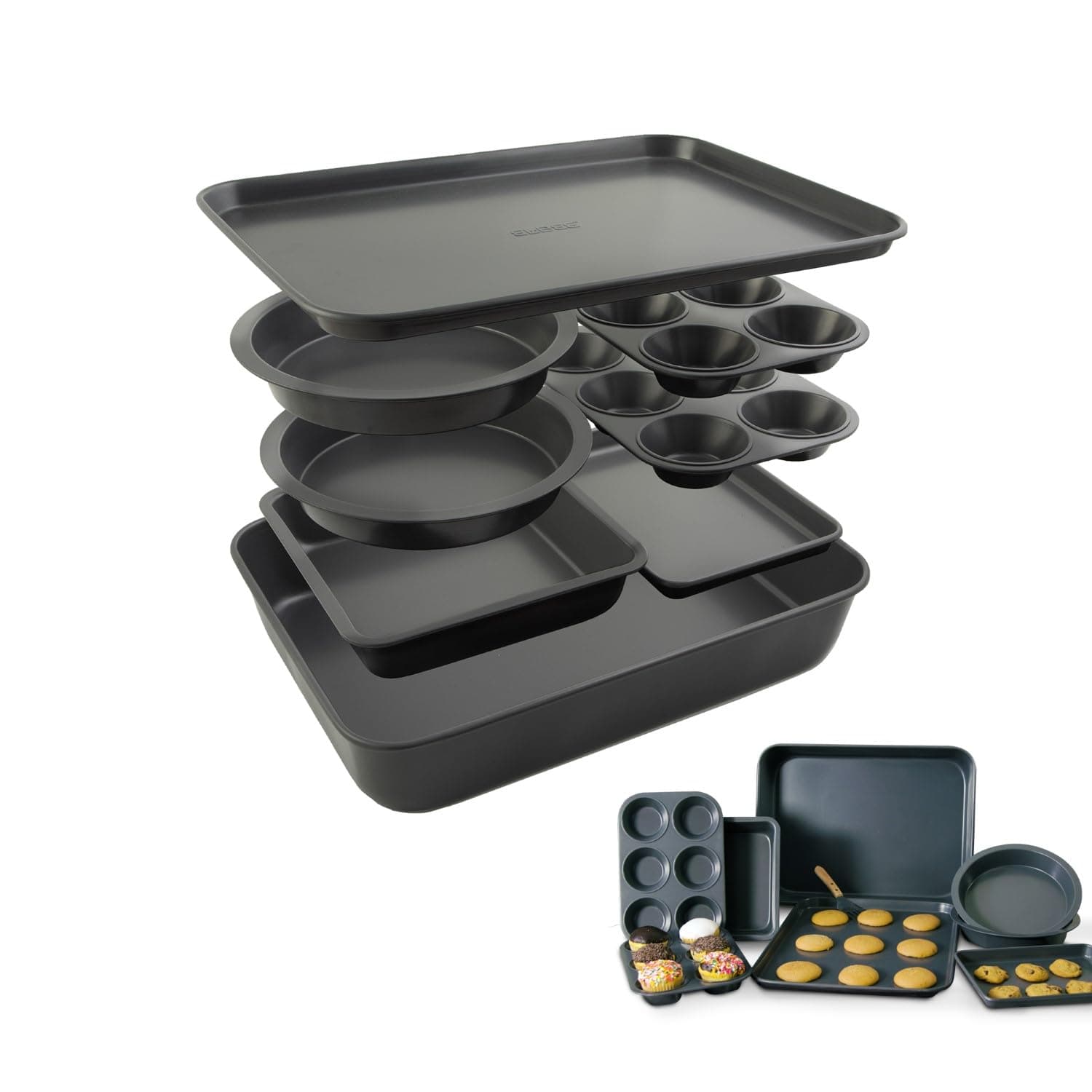 Home 8-Piece Nonstick Aluminized Steel, Space Saving Baking Set, With Deep Roasting Pan, Cookie Sheet, Cake Pans, Muffin Pans and Baking Pan PFOA & PFOS Free, Holiday Gift for Her