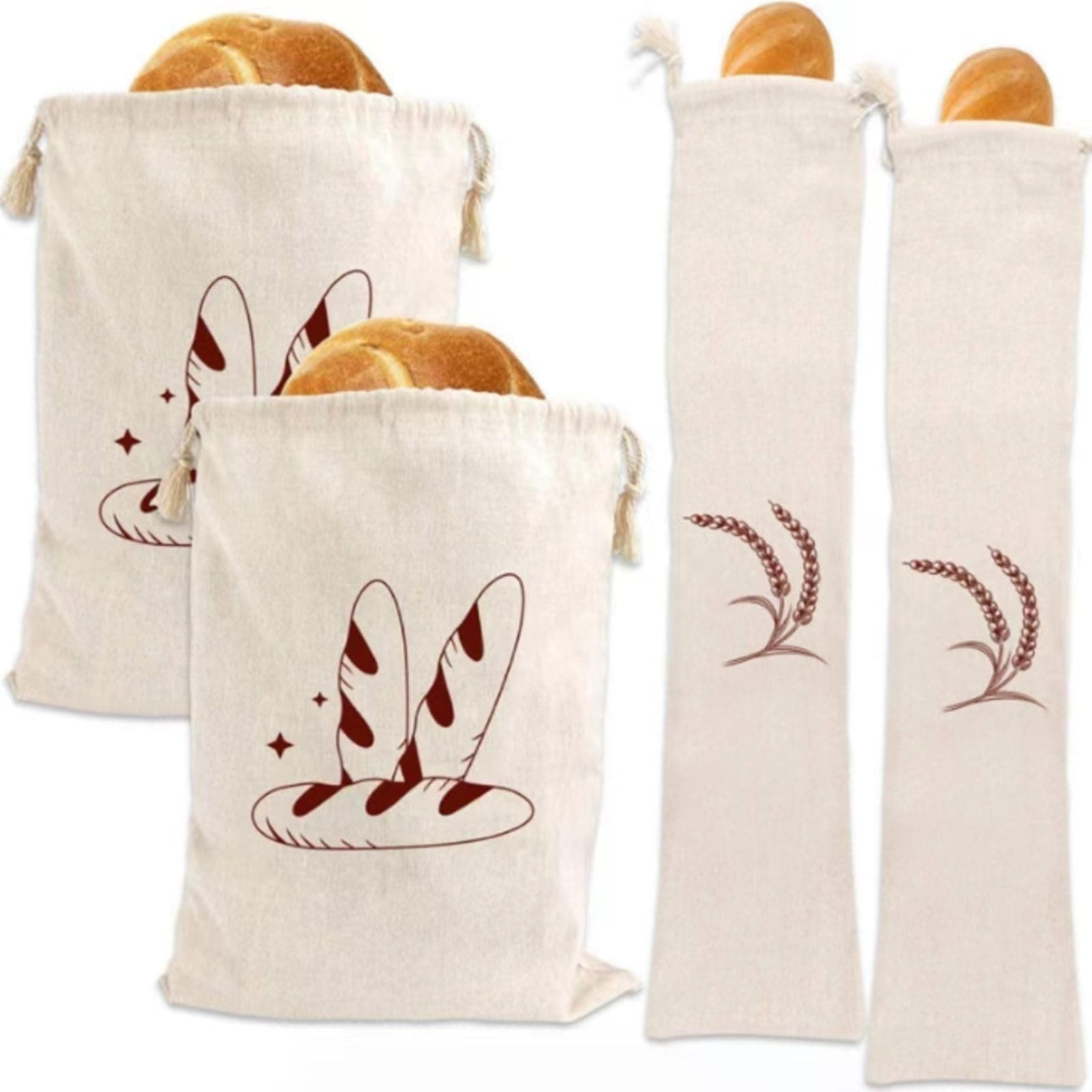 Rayyan Linen Bread Bags, Reusable, Drawstring Closure, Breathable, Large, Rustic, Artisan Bread, Bakery, Baguette