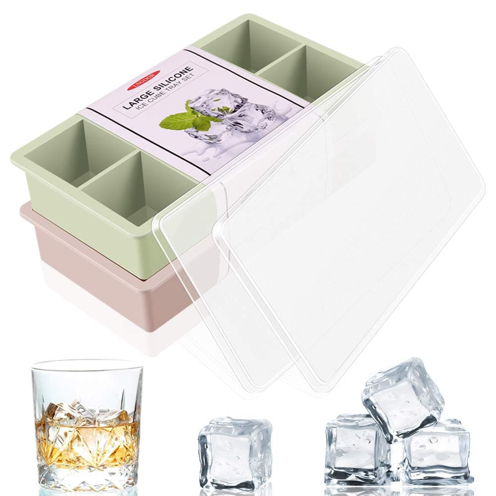 LNGOOR Large Ice Cube Trays 2 Pack, Easy-Release Silicone and Flexible 8-Ice Trays with Spill-Resistant Removable Lids, BPA Free, Stackable Durable and Dishwasher Safe