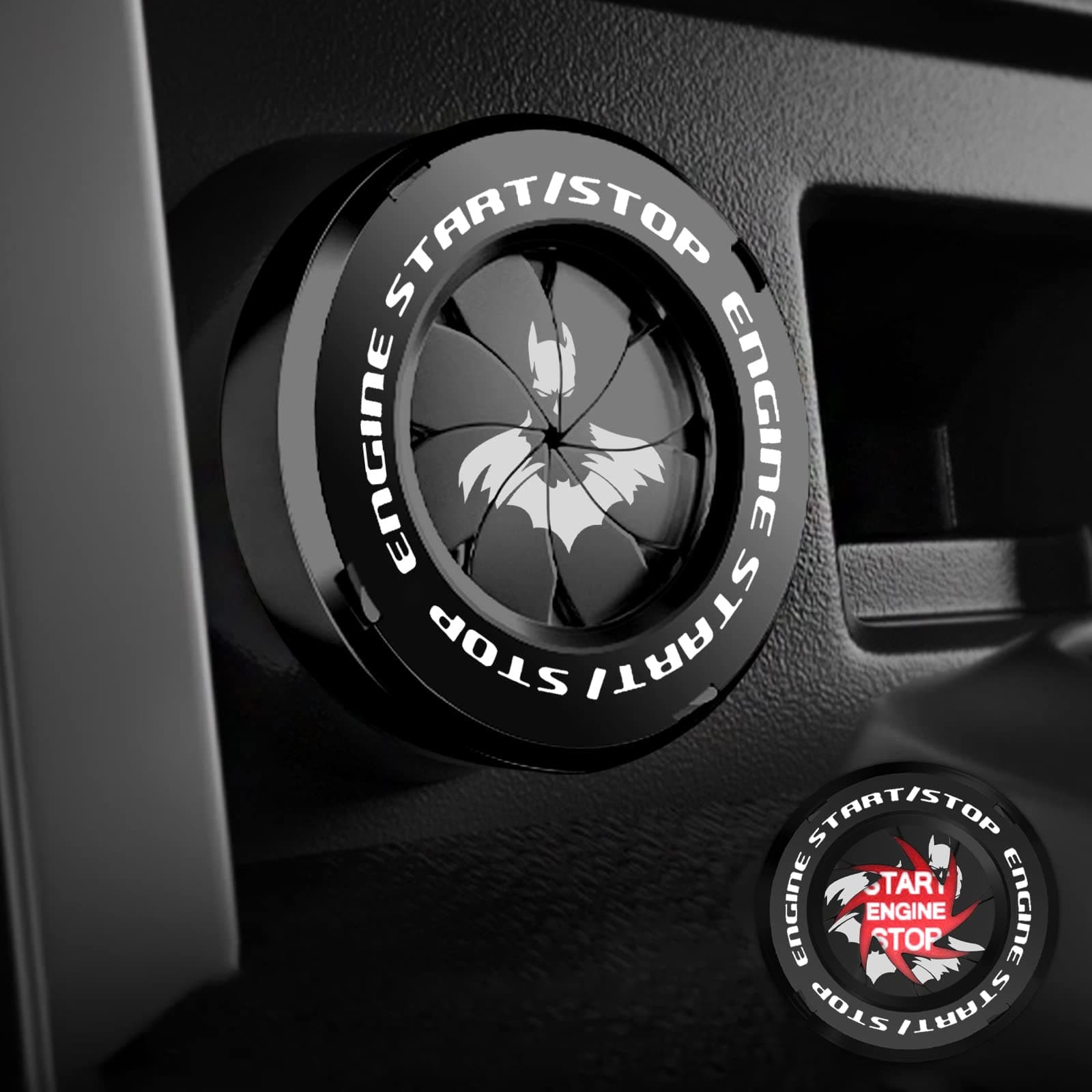 Tybasthe Rotary Push Start Button Cover, Batman Car Accessories Engine Start Stop Button Cover, Car Sticker Interior Decor, Motorcycle Ignition Key Switch Cover, Black