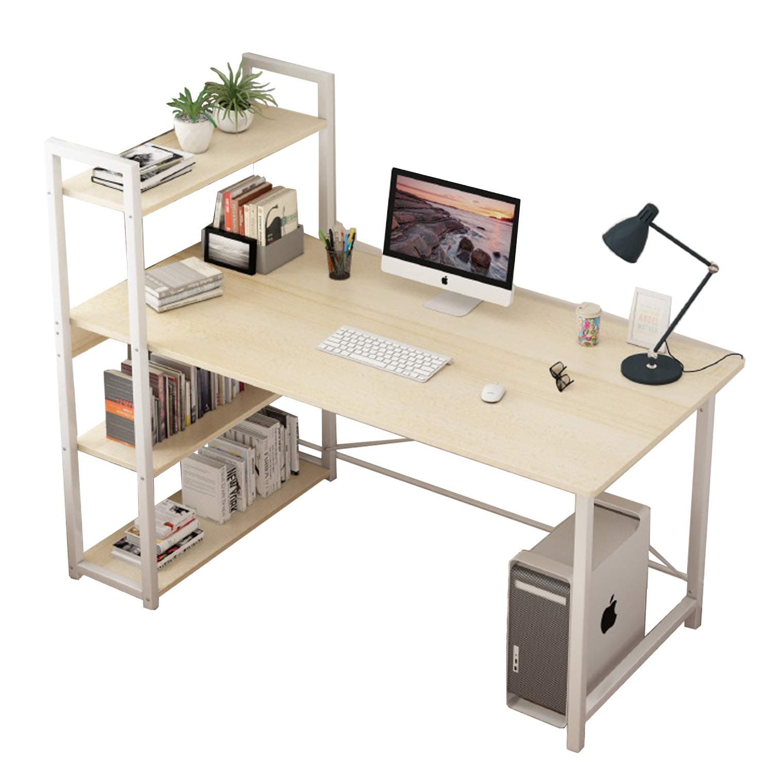Eesyy Computer Table Home Office Large Desk Gaming Table, 120 * 60cm Study Writing Table Modern Simple Style Desk with Bookshelf