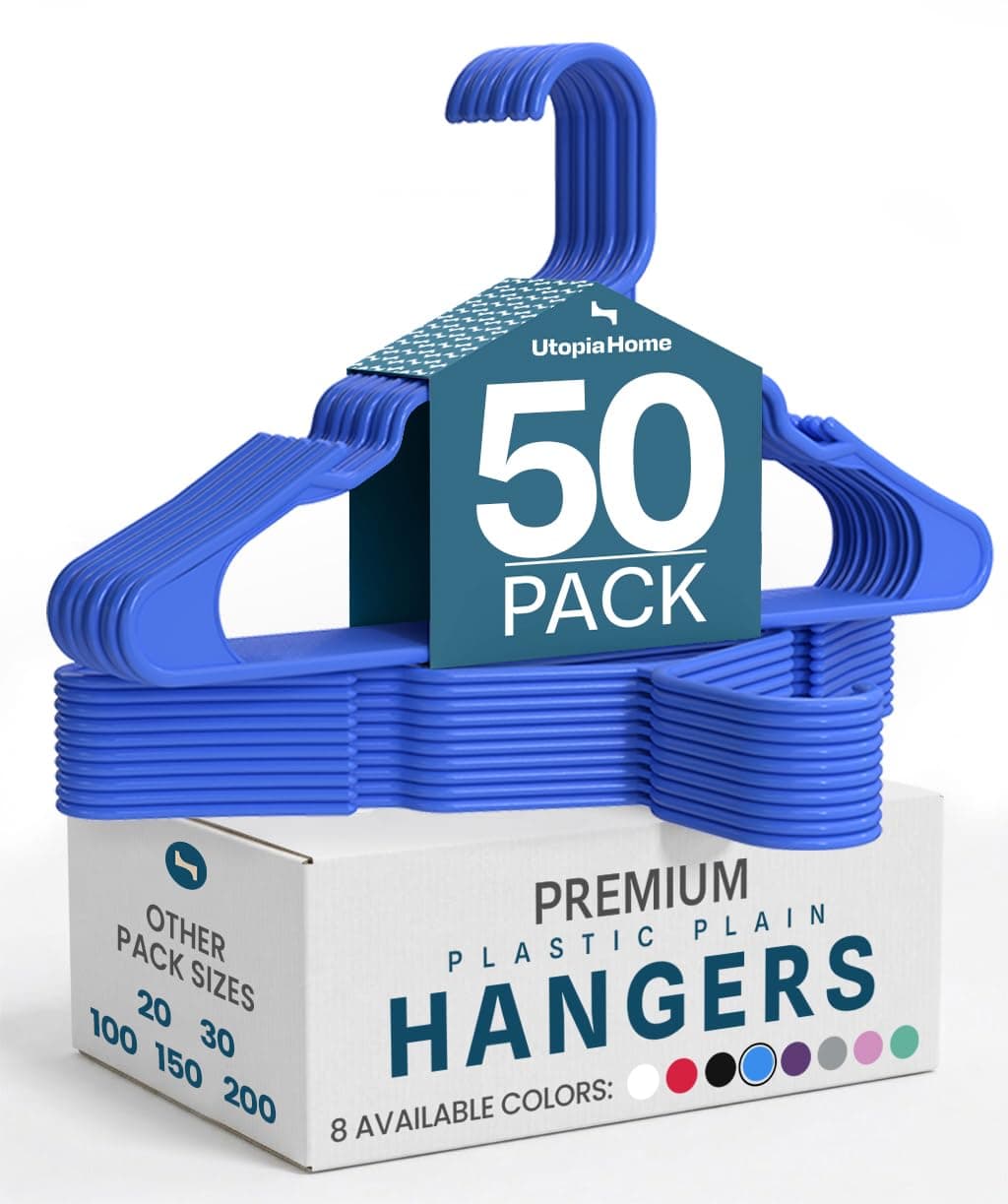 Utopia Home Plastic Hangers 50 Pack - Perfect Space Saving Clothes Hanger - Durable and Strong - Perfect Closet Organizers with Shoulder Grooves (Blue)