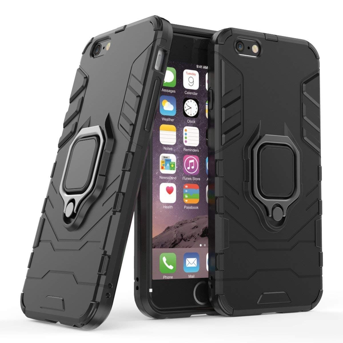 Compatible with iPhone 6+, 6S+ Case, Metal Ring Grip Kickstand Shockproof Hard Bumper (Works with Magnetic Car Mount) Dual Layer Rugged Cover for iPhone 6 Plus, iPhone 6S Plus (Black)