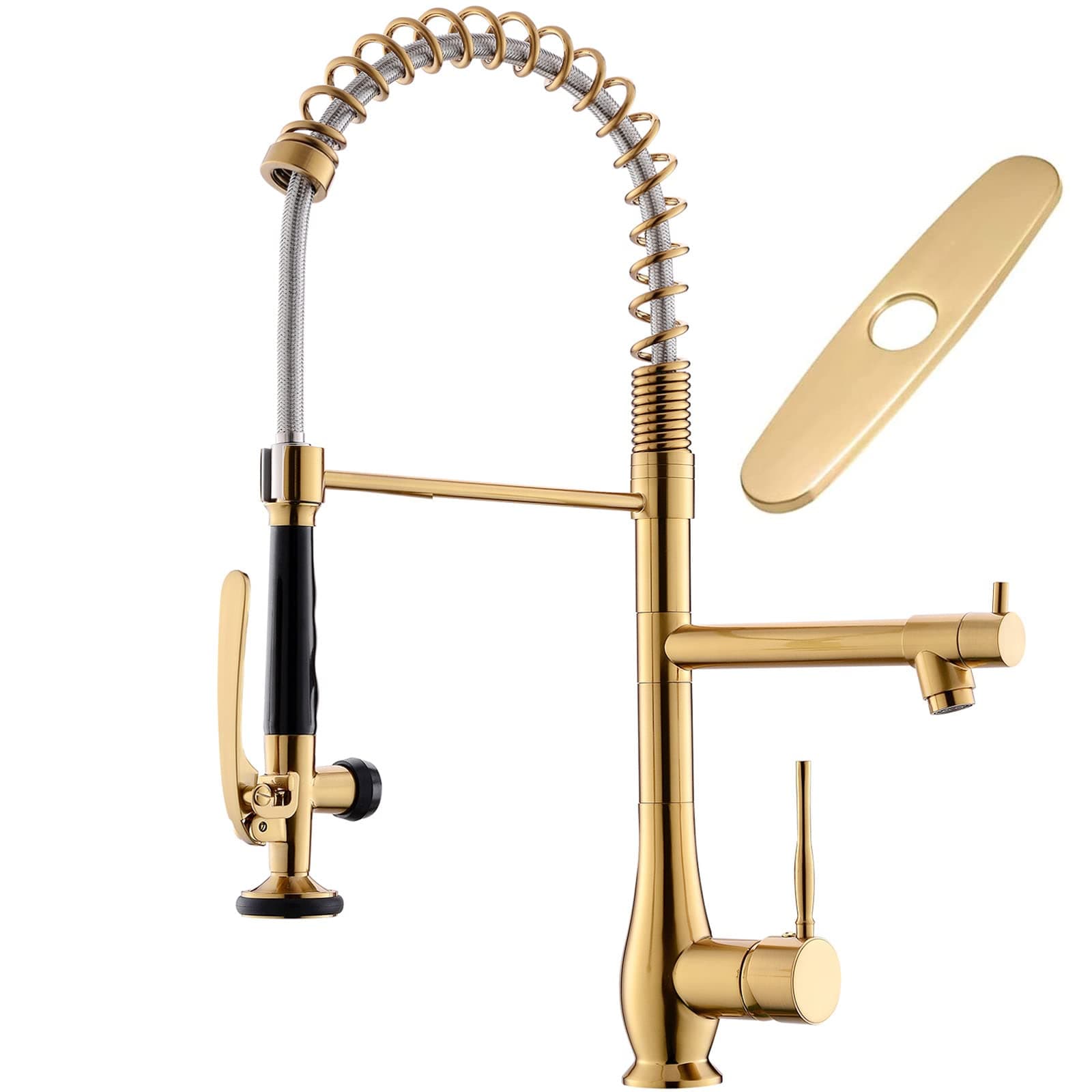 GIMILI Brushed Gold Kitchen Faucet with Pull Down Sprayer Single Handle High Pressure Brass Kitchen Sink Faucet Commercial Double-Headed Kitchen Faucets Sink with Deck Plate