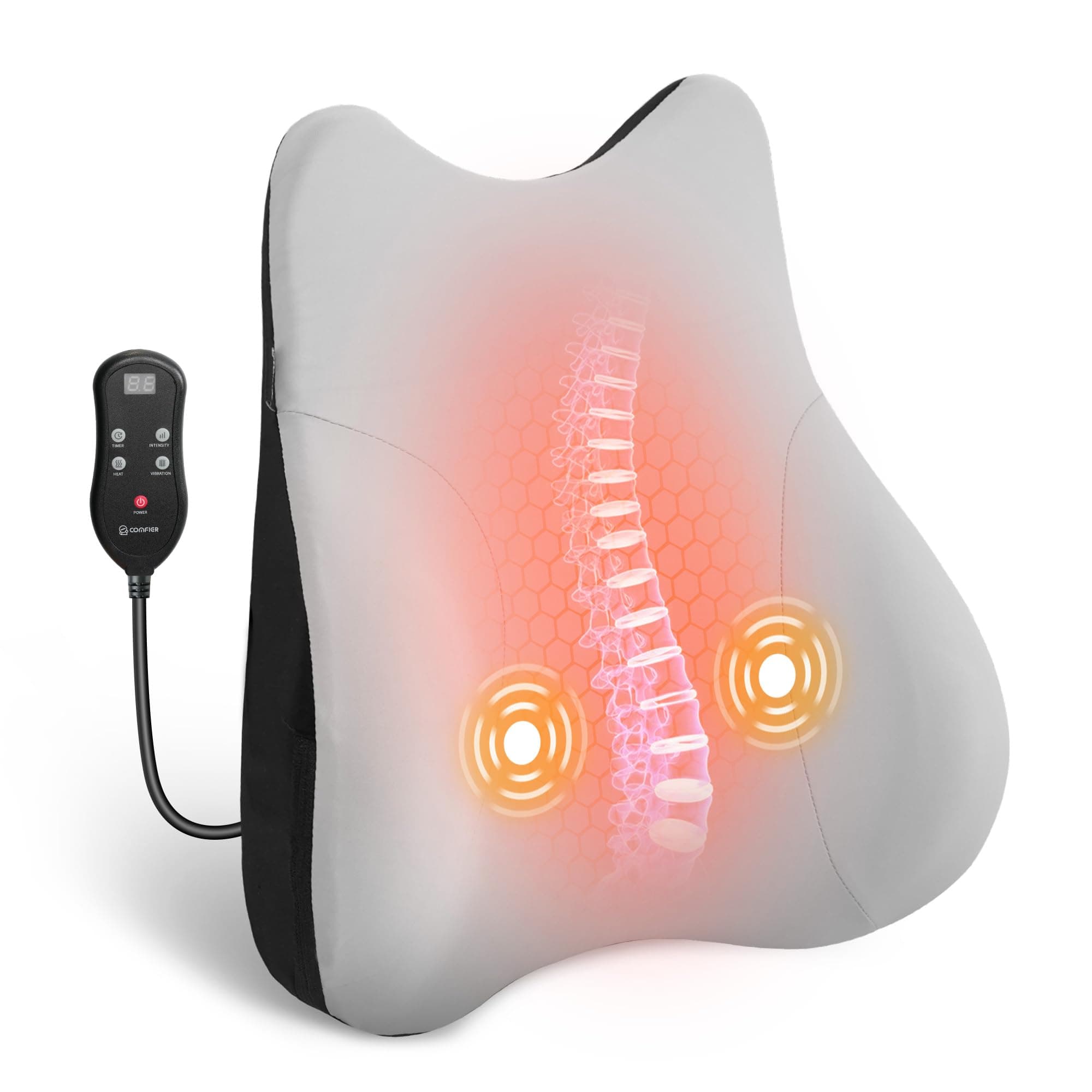 COMFIER Lumbar Support Pillow for Office Chair, Heated Back Support Pillow with 3 Vibration Modes & 3 Intensities, Ergonomic Back Support Cushion for Car,Recliner,Gaming Chair