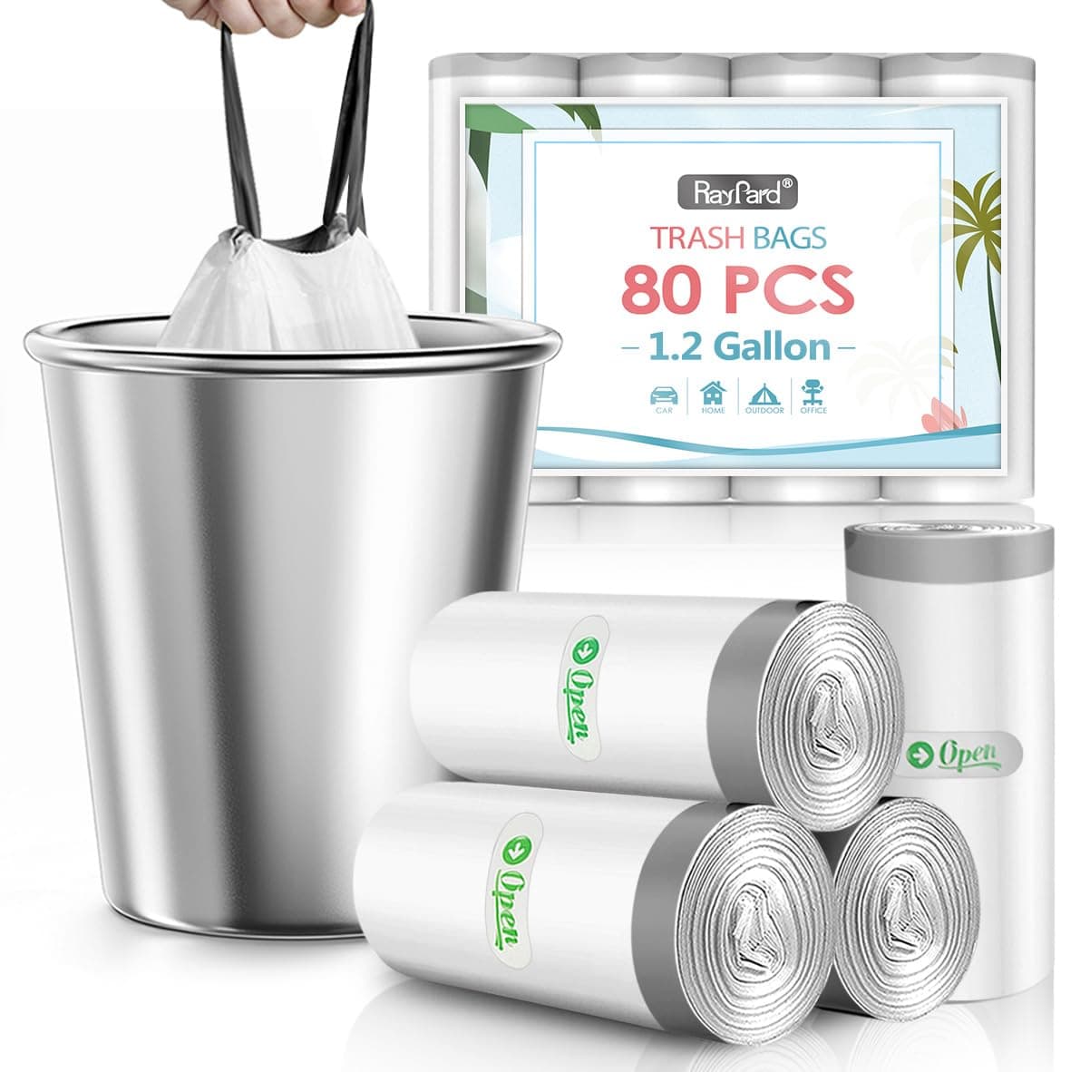 RayPard 1.2 Gallon 80 Counts Strong Drawstring Trash Bags Garbage Bags , Small Plastic Bags, Trash Can Liners for Home Office Kitchen Bathroom Bedroom, White Waste Basket Liners