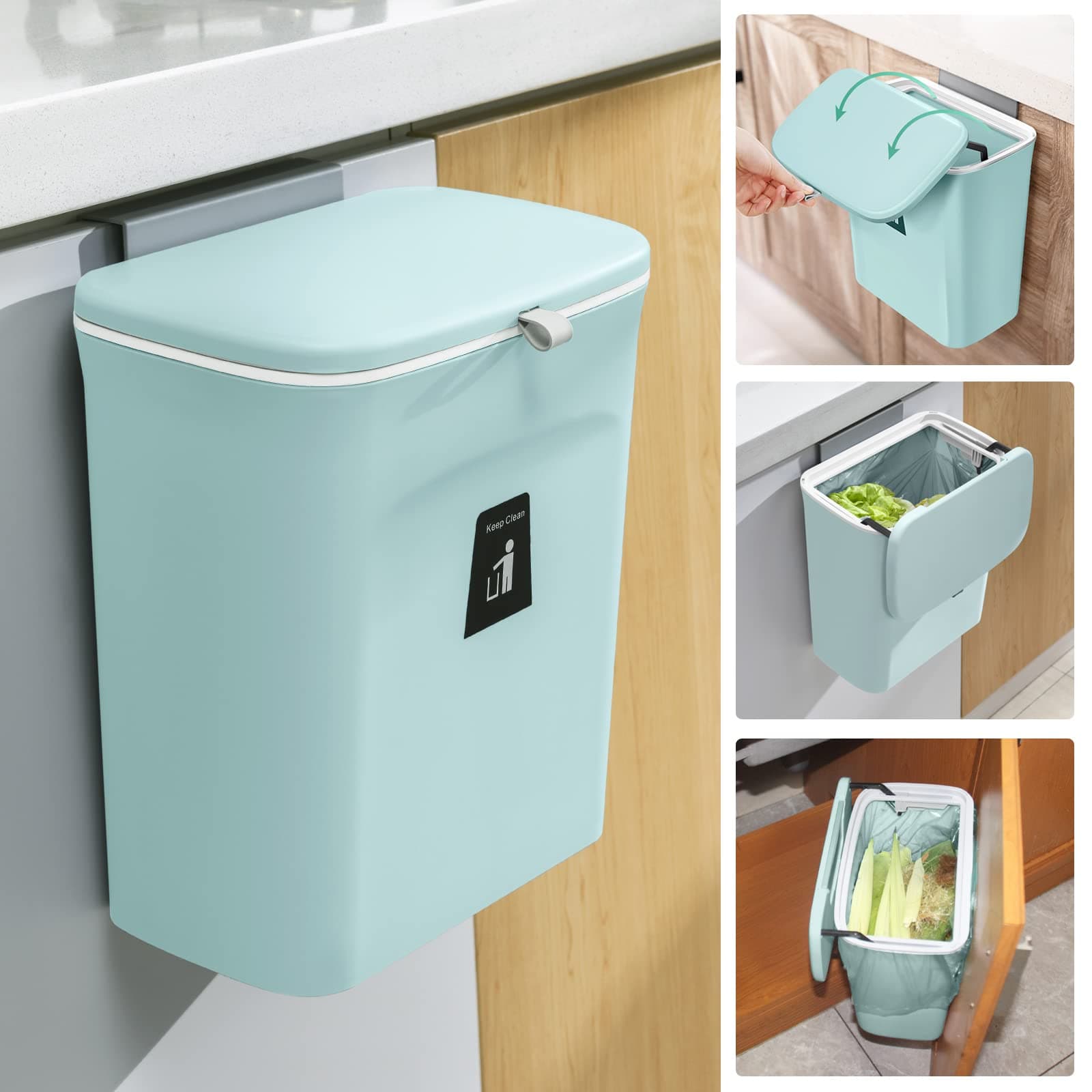 Tiyafuro Compost Bin for Kitchen or Under Sink, Hanging Small Trash Can with Lid for Cabinet/Bathroom/Bedroom/Office/Camping, Mountable Compost Bin for Indoor Use, Blue