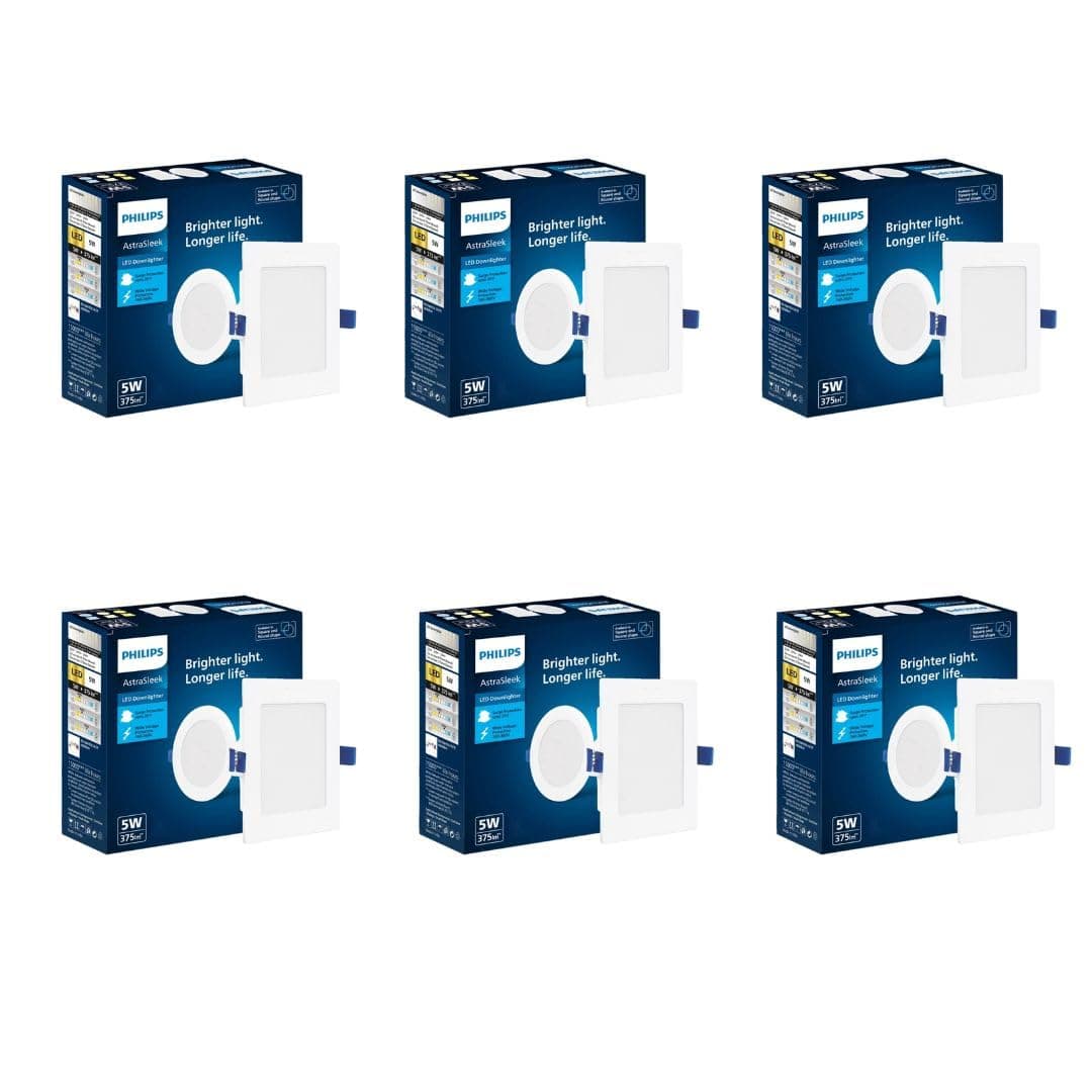 Philips Astra Sleek 5-watt Square LED Downlighter | LED Ceiling Light for Home and Hall | Cut Out: 75 mm, Color: Cool Day Light, Pack of 6