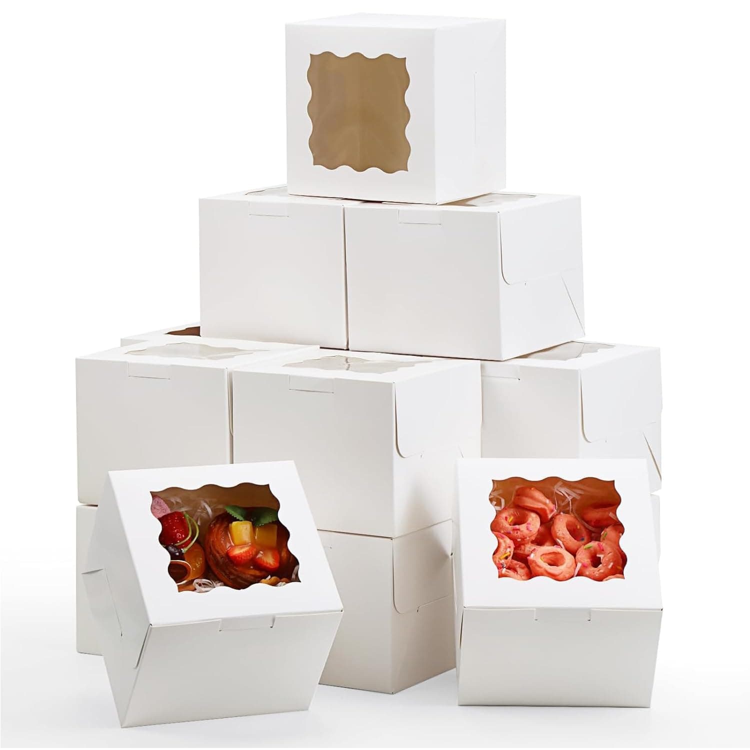 X Spring Bakery Boxes, 30 Pack Paperboard Treat Boxes with Window, Mini Cupcake Boxes, White Mini Cupcake Carriers Treat Containers for Dessert, Mother's Day, Valentine's Day, 10.2 x 10.2 x 6.7 cm
