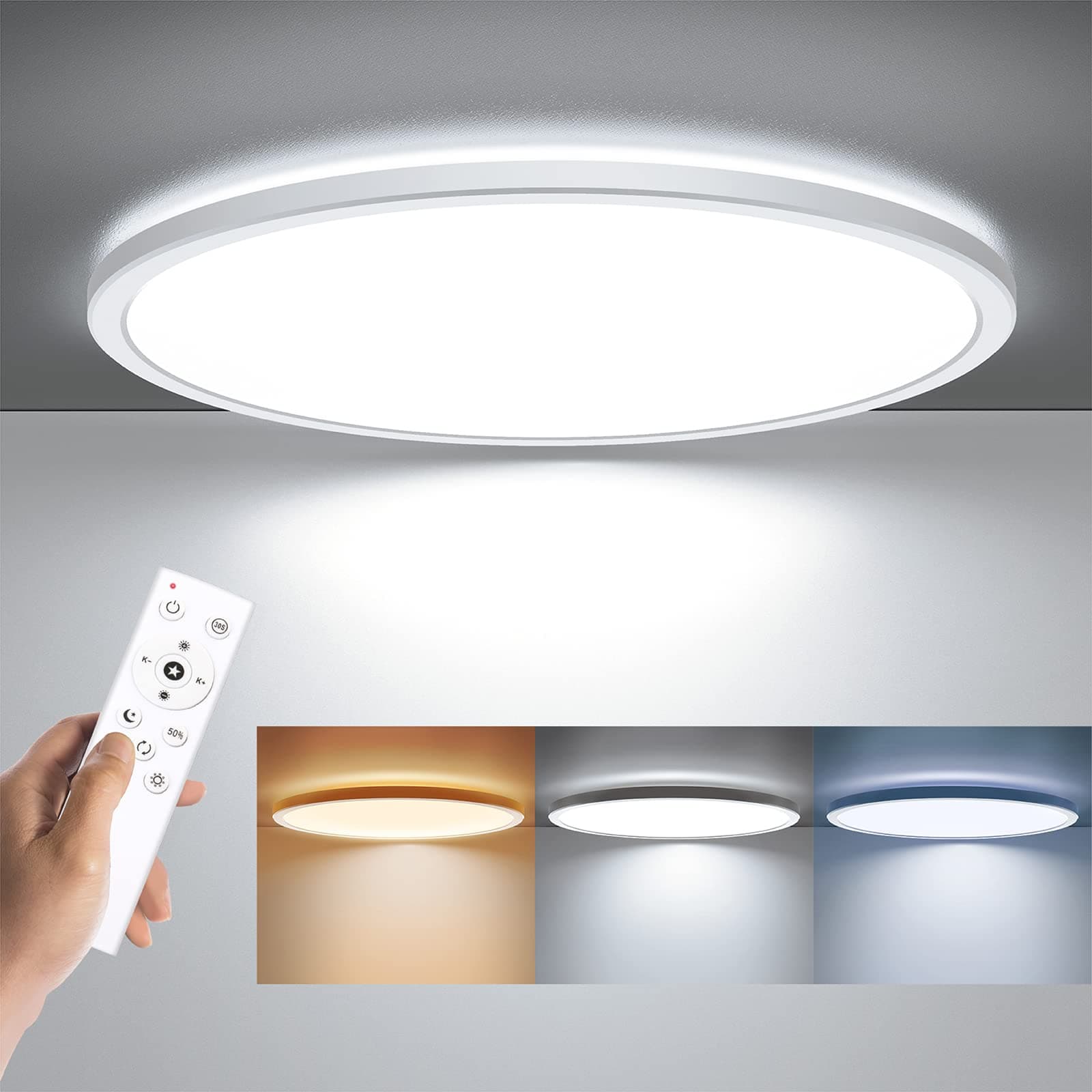 LED Flush Mount Ceiling Light with Remote Control, 15.4 Inch 36W 3000K-6500K Dimmable Ultra Thin Low Profile Wired Ceiling Lamp with Night Light for Living Room Bedroom Kitchen