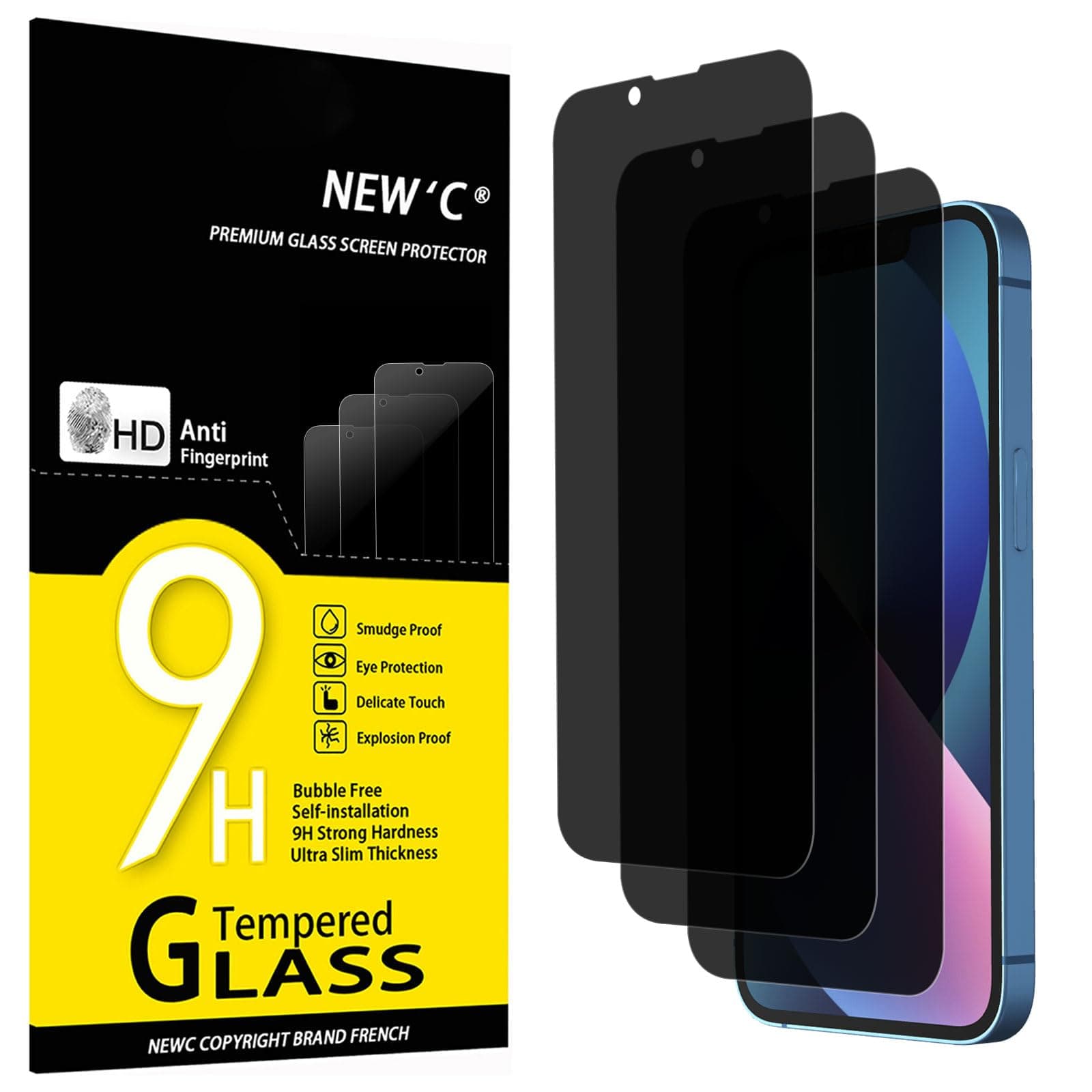 NEW'C3 Pack Privacy for iPhone 14, iPhone 13/13 Pro Screen Protector (6.1 Inches), Balanced 35-Degree Privacy Angle with Eye Protection, Ultra Durable 9H Hardness, Bubble-FreeClimatePartner certified