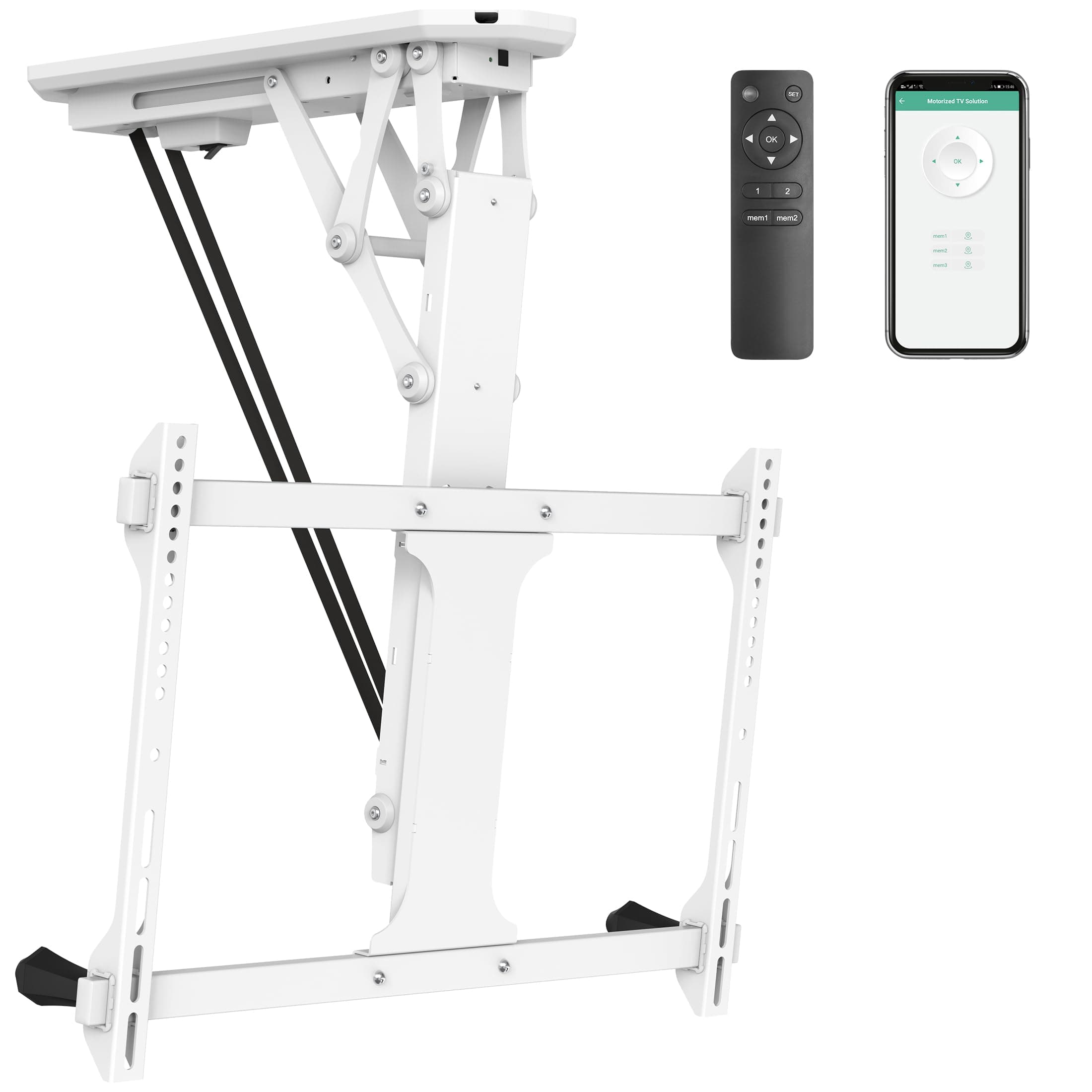 Mount-It! Electric Ceiling TV Mount with Remote and App Controller, Motorized Flip Down Fold Up Pitched Roof Mount Fits 32 to 70 Inch Flat Screen TVs, White