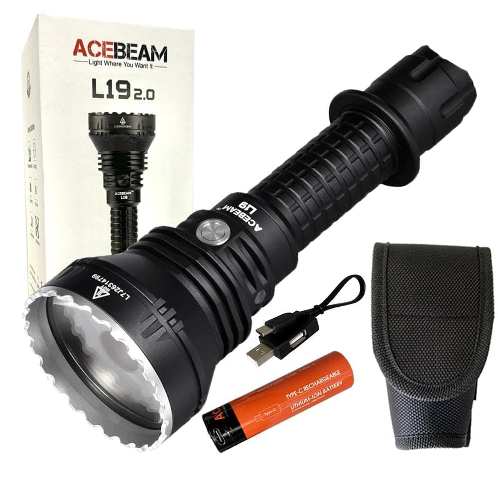 L19 2.0 Long Range Flashlight SFT40 Hi 6500k White Led -Throw 1083M 2,200 lumens w/Battery, Holster and Eco Sensa USB C charging cable included., acebeam-l19-20-white