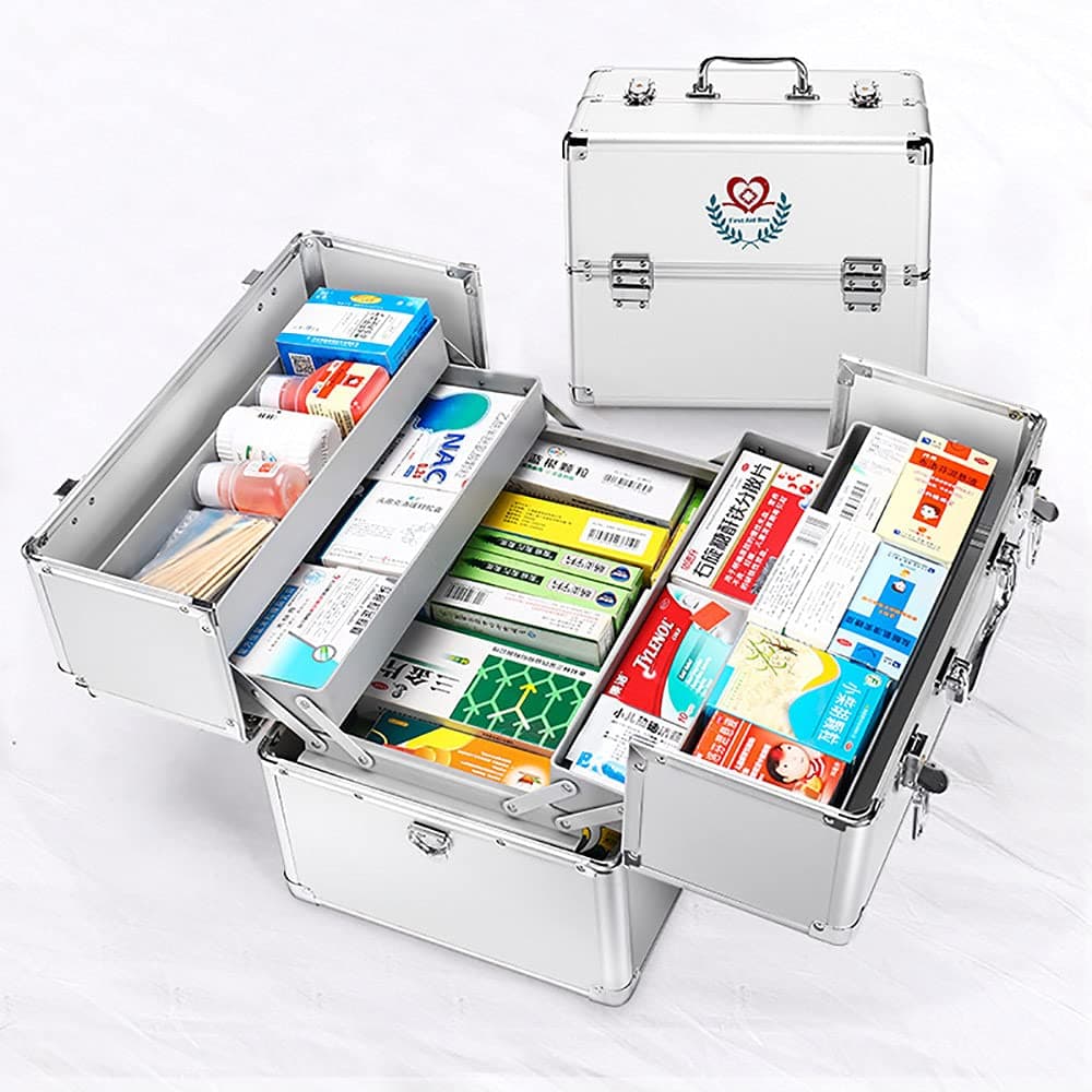 Medicine Storage Box with Portable Handle, Lockable First Aid Kit, First Aid Box Security Lock, 3 Tier Medication Lock Box Design/Precription (B-Silver)