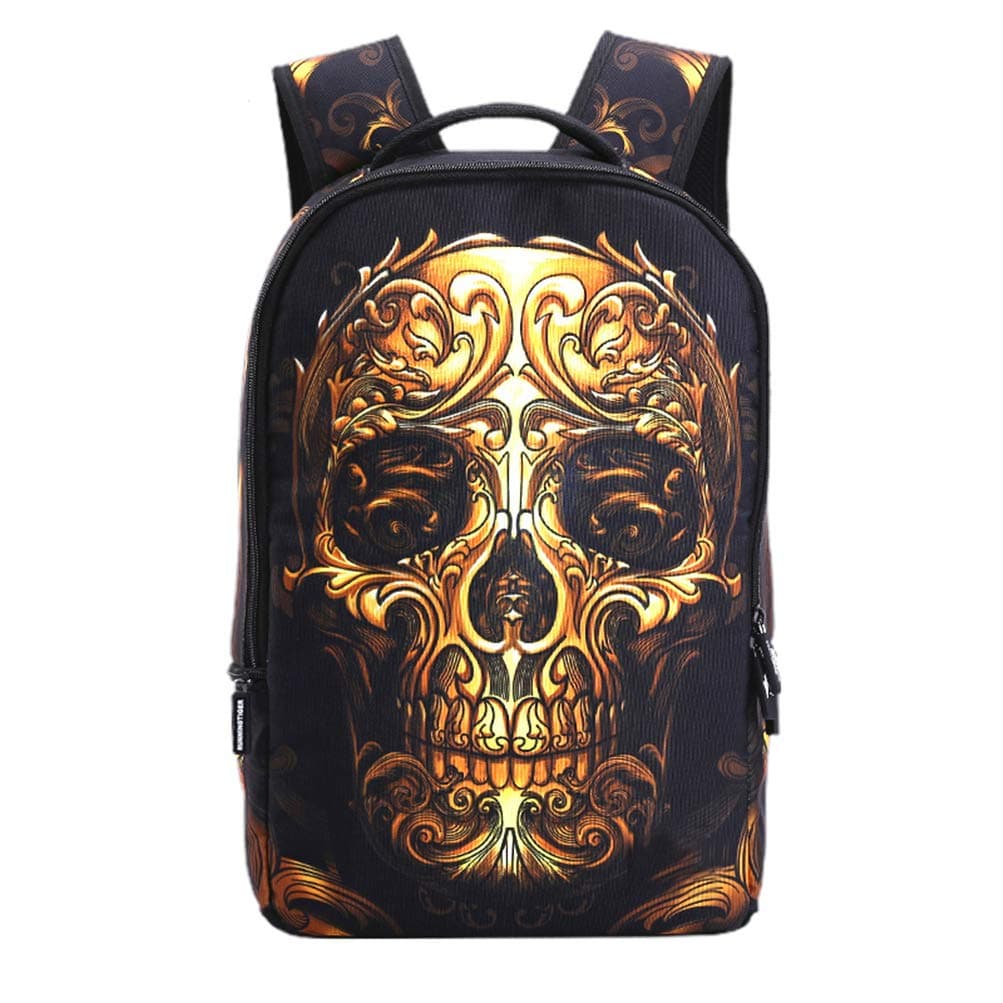 School Backpack with 3D Skull Printed School Bookbag for High Middle School Boys Girls Casual Travel Laptop Backpack (Gold)