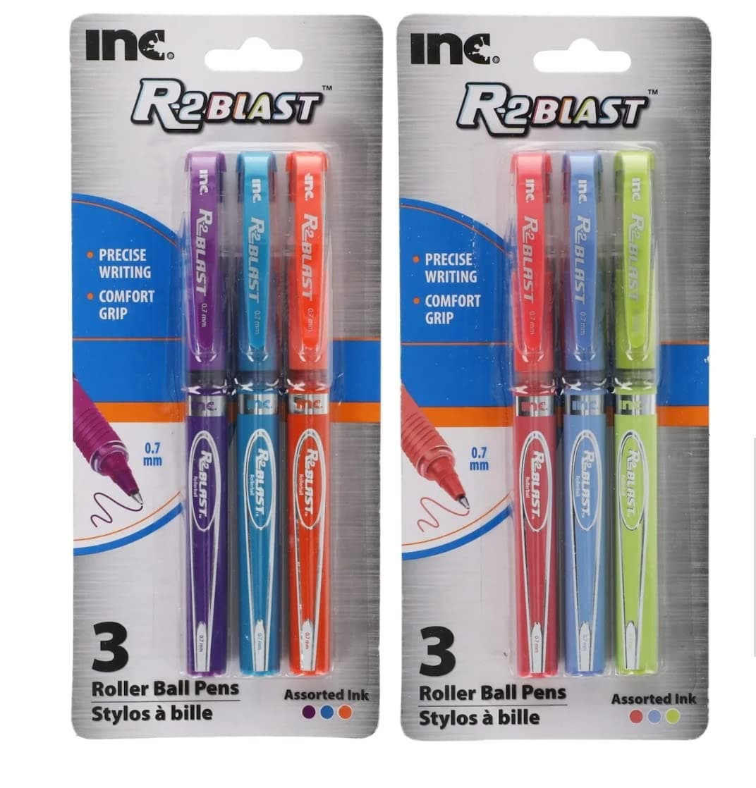 SCBS R2 BLAST Precise Writing Colorful Roller Ball Pens Set: 6 Colorful Roller Comfort Grip Ball Pens assorted between a Pack of Purple, Blue,Orange and a Pack of Blue, Pink, and Lime 0.7mm