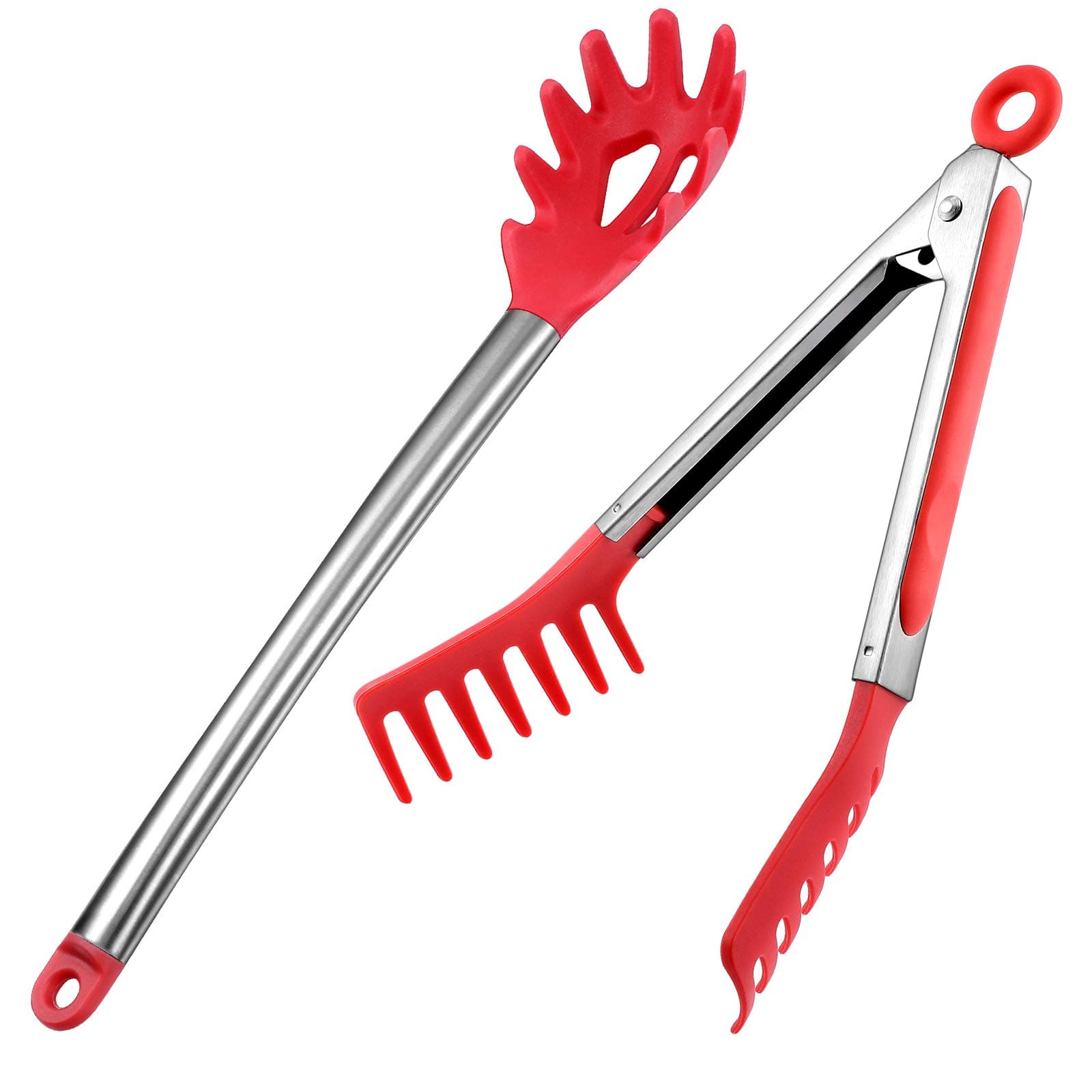 Patelai 2 Pieces Red Spaghetti Server Fork Set, 13 Inch Stainless Steel Spaghetti Spoon Server Noodle Spoon and 9.8 Inch Pasta Tong Food Serving Tong for Kitchen Cooking Baking Tools