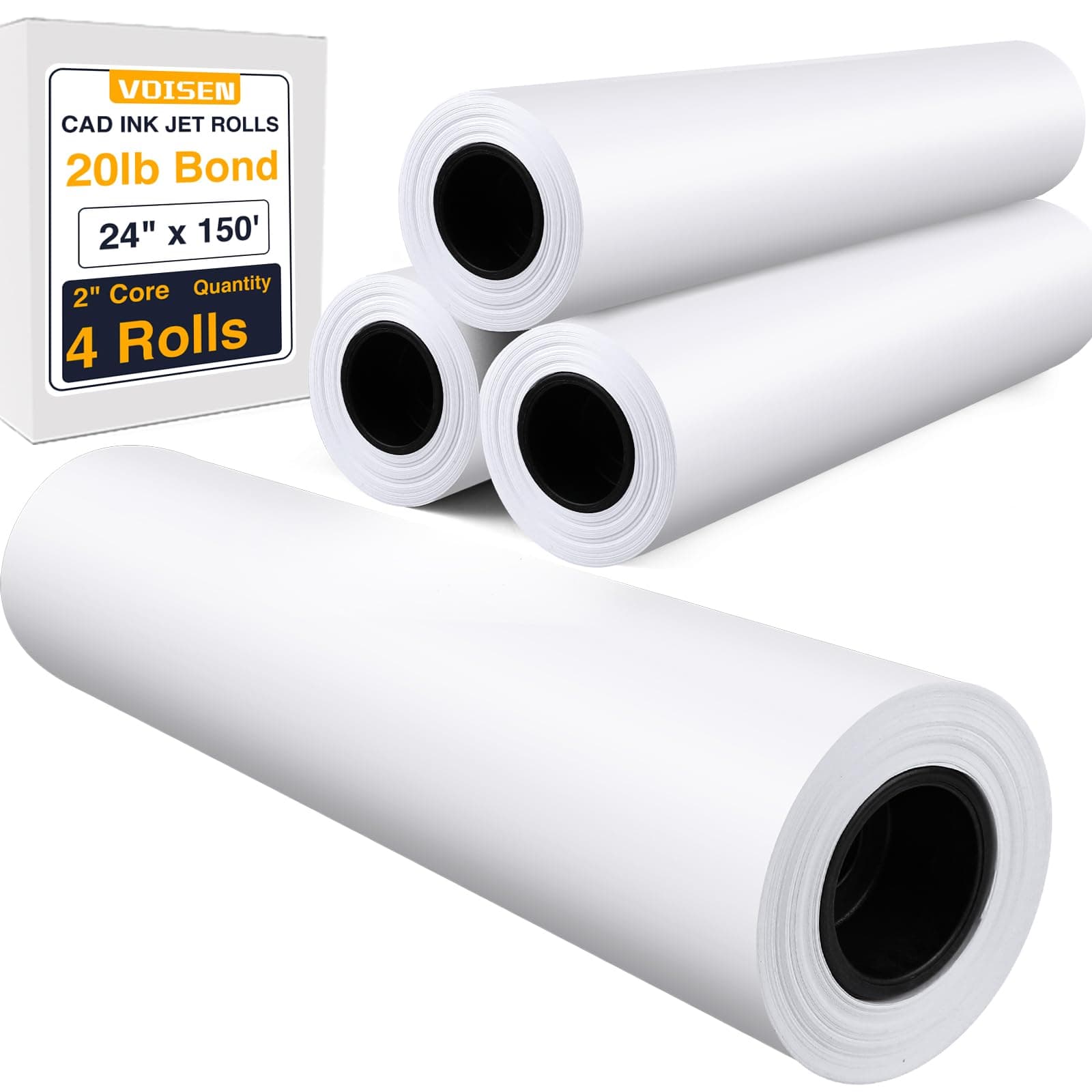 Wide Format Paper,4 Rolls Plotter Paper 24 In x 150 Ft, CAD Bond Rolls,20lb,Bond Paper on 2" Core for CAD Printing on Wide Format Ink Jet Printers