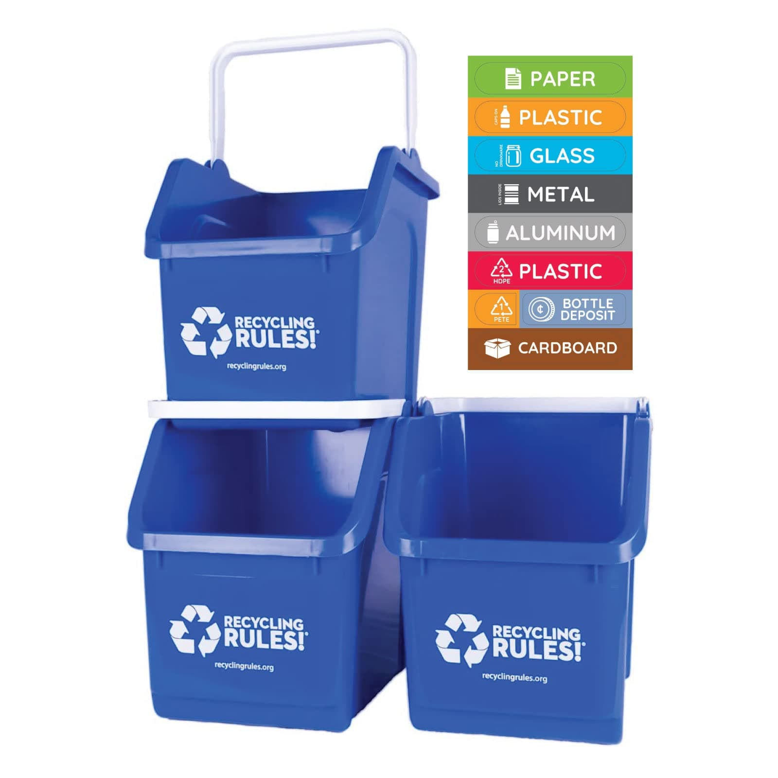 Recycling Rules! 6 Gallon Stackable Recycling Bin Container in Blue, Eco-Friendly BPA-Free Handy Recycler with Handle, 3-Pack with Stickers