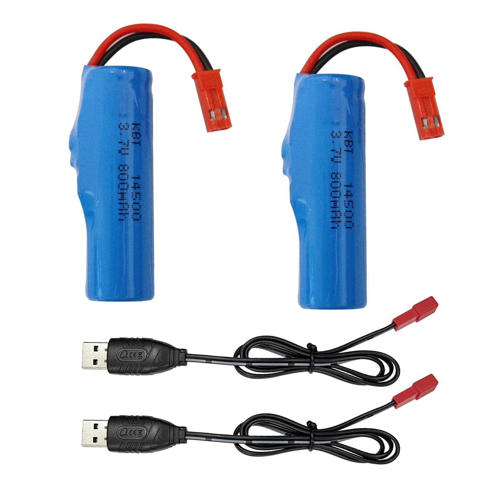 KBT 2Pack 3.7V 800mAh 10C High Drain Li-ion Rechargeable Battery with JST 2Pin Connector & USB Charging Cable for RC Car Toy RC Construction Trucks