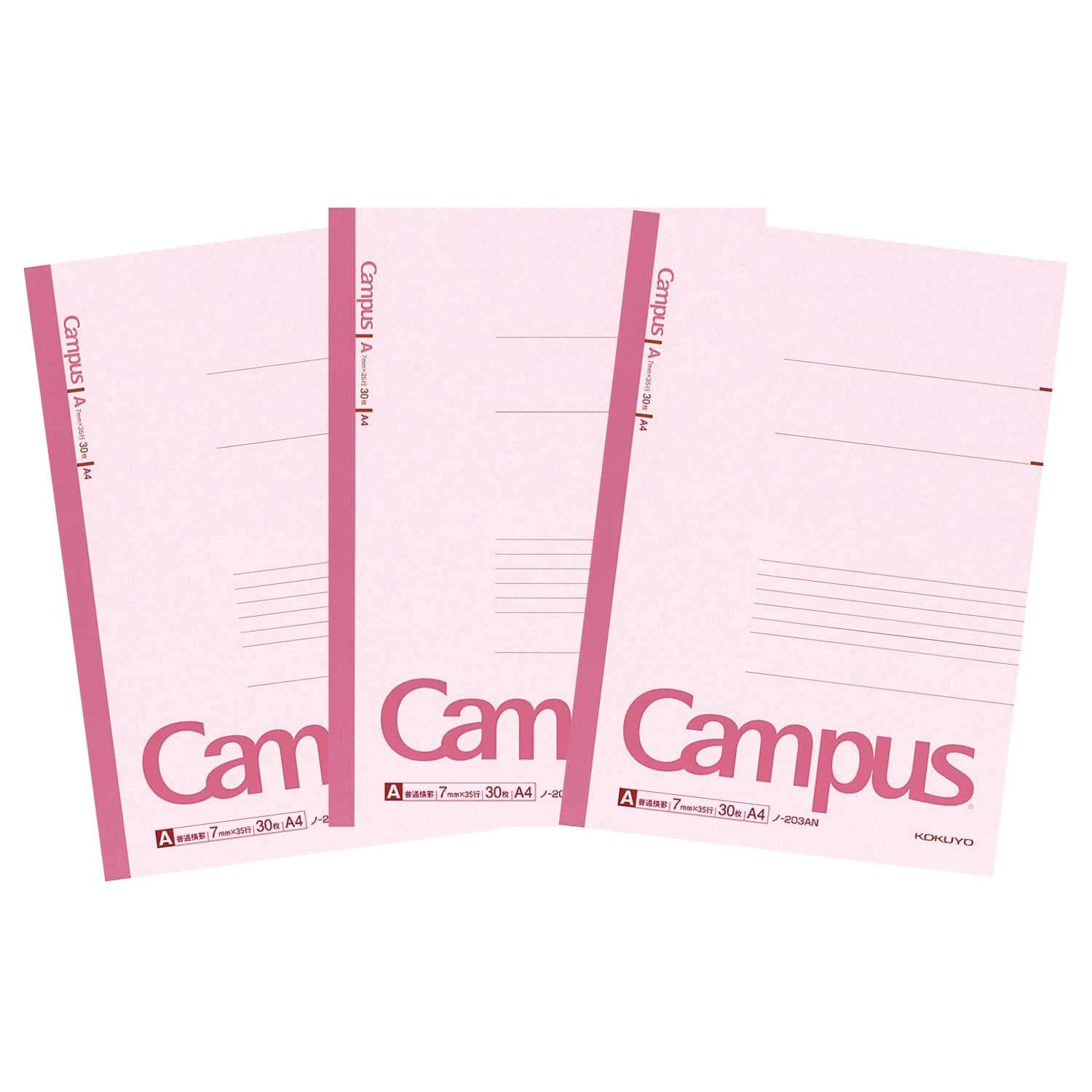 Campus Notebook, A 7mm Ruled, A4, 30 Sheets, 35 Lines, Pink, Pack of 3, Japan Import (NO-203AX3)