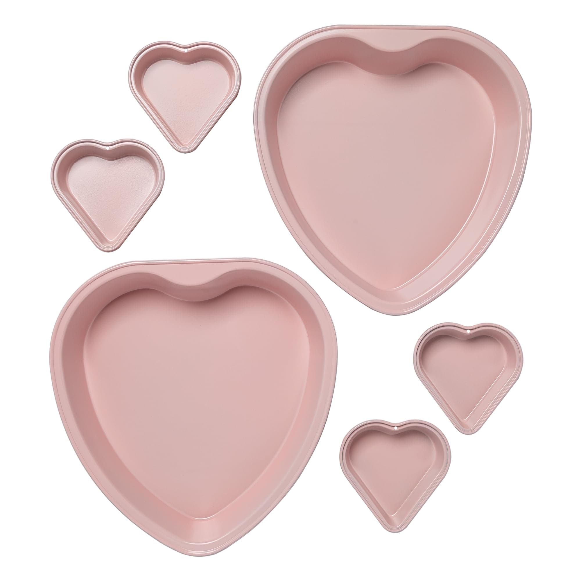 Heart Shaped Nonstick Bakeware Set, Easy Release Carbon Steel, Includes two 9.5-Inch Pans and four Mini 3.5-Inch Pans, Dishwasher Safe, Made without PFAS or PFOA, 6-Piece Set, Pink