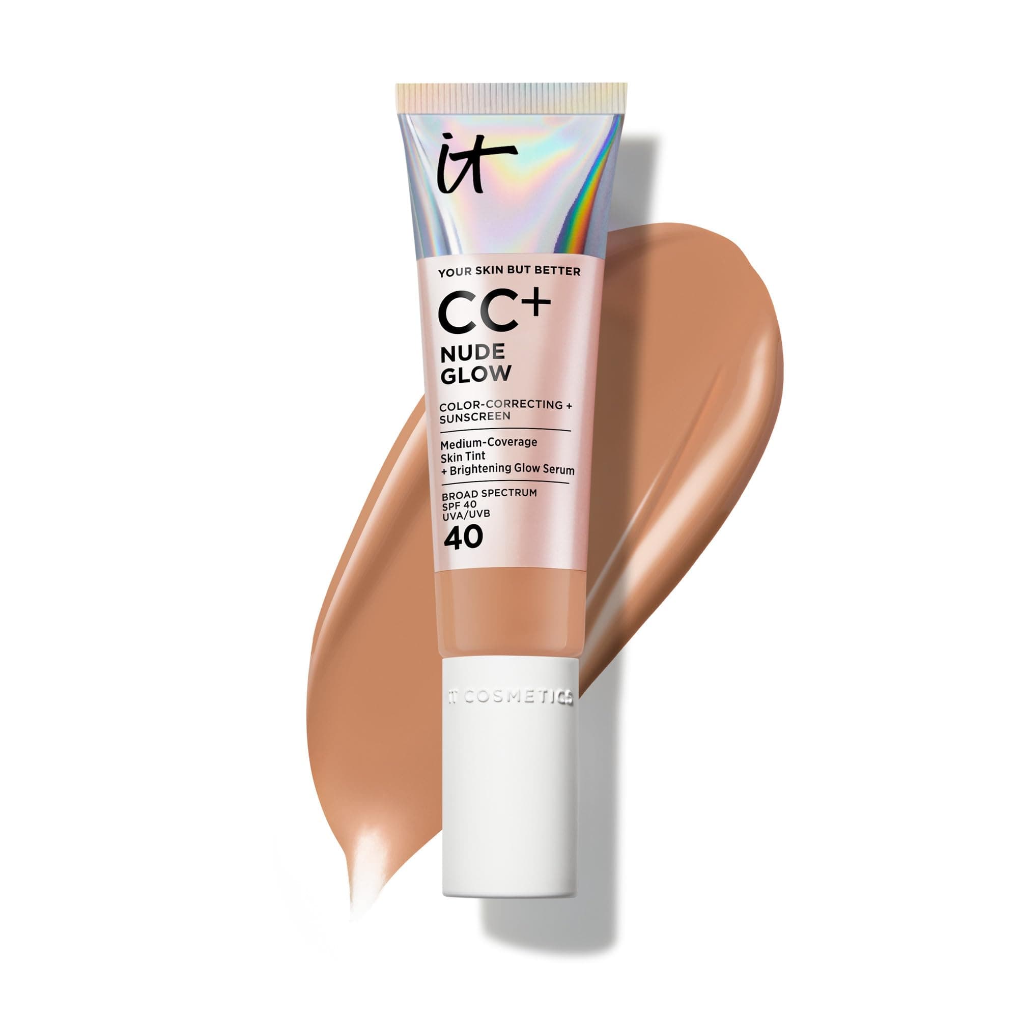 IT Cosmetics CC+ Nude Glow - Medium Coverage Foundation with SPF 40 & Brightening Glow Serum, Lightweight Skin Tint, 2% Niacinamide + Hyaluronic Acid, Up to 24H Hydration, Normal/Dry Skin - 1.08 fl oz