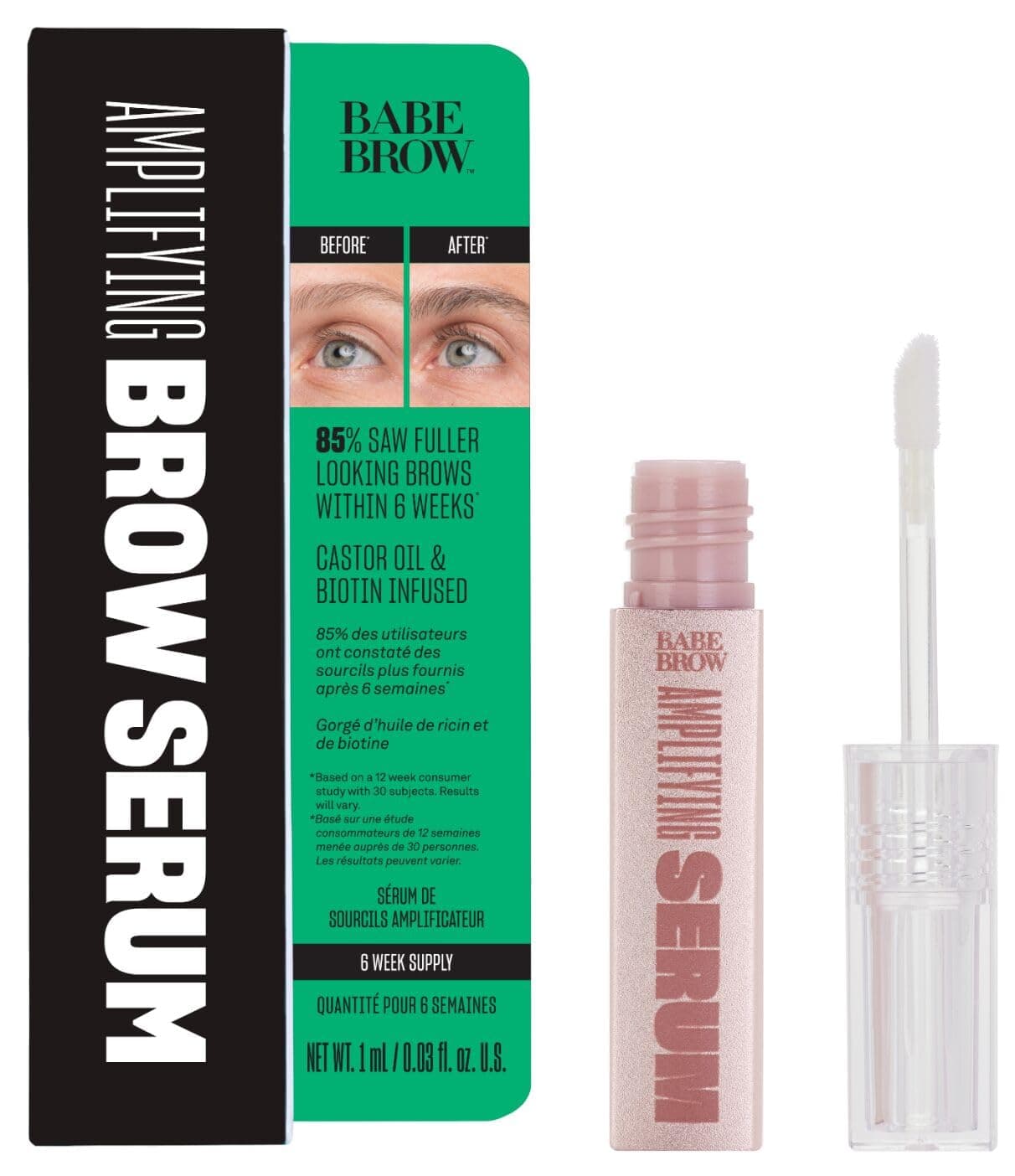 Babe Original Babe Brow Amplifying Serum - Fuller & Thicker Looking Eyebrows, Brow Enhancing Serum with Castor Oil, Biotin, Repairing Amino Acids | 1mL, Starter Supply