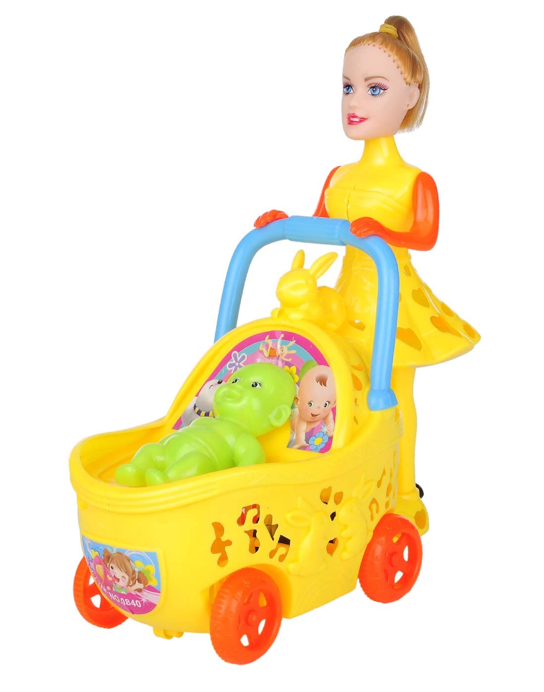 Aarushi Infant Kids Carriage Stroller Trolley Pull String and Go Toy with Baby (Color May Vary),Plastic,Pack of 1 set