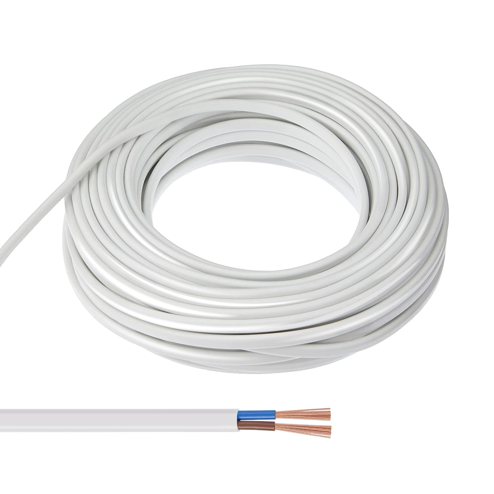 10 Meter White Wire 2 Core Electrical PVC Flexible Cable 0.75mm² 5A Copper Core Flat Flex Cuttable Extension for Low-Power Household Appliances