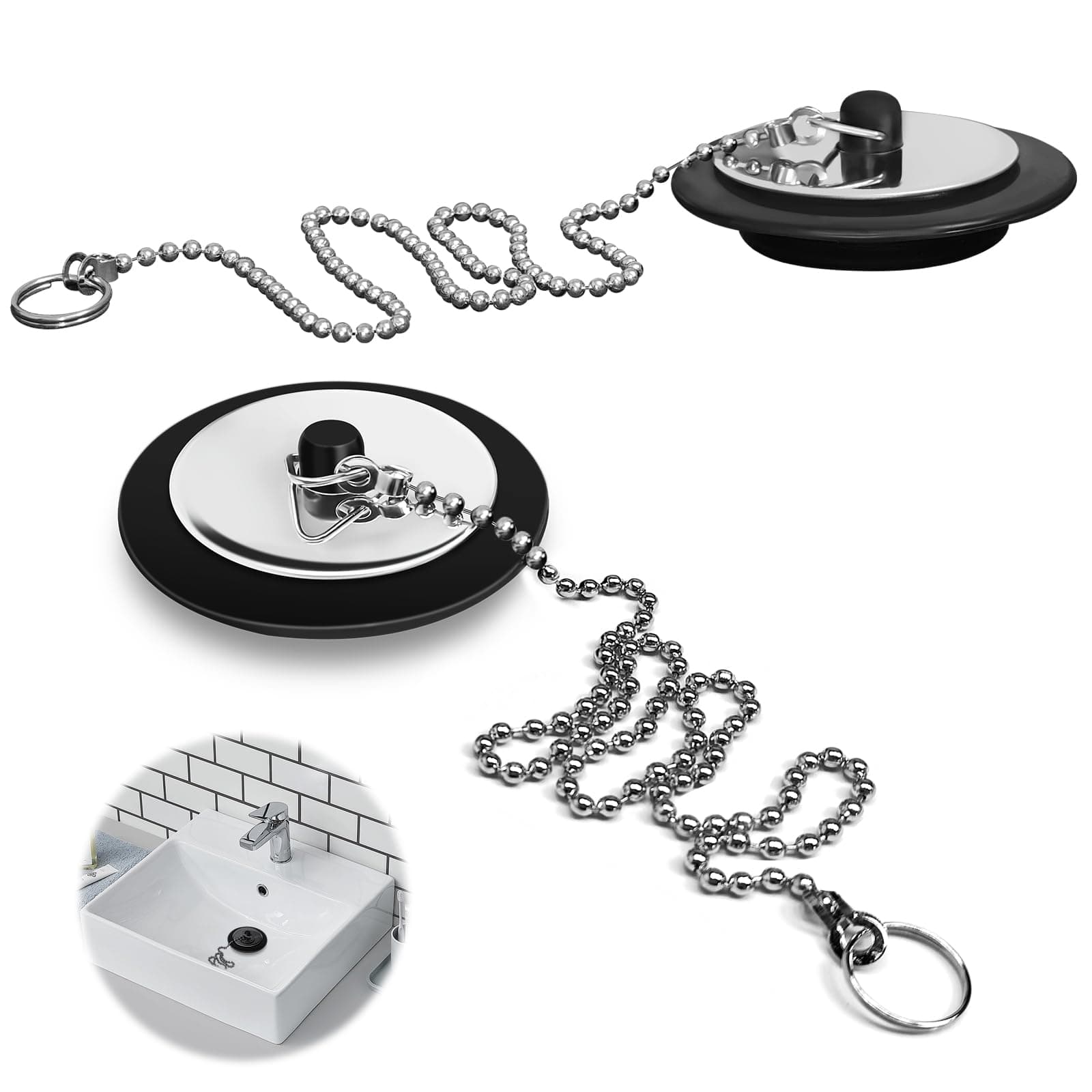 2 Pcs Universal Sink Plug, Black Rubber, 43mm, 23mm, Kitchen & Bathroom Sink Plug Replacement, 40cm Stainless Steel Chain (2 Pack)