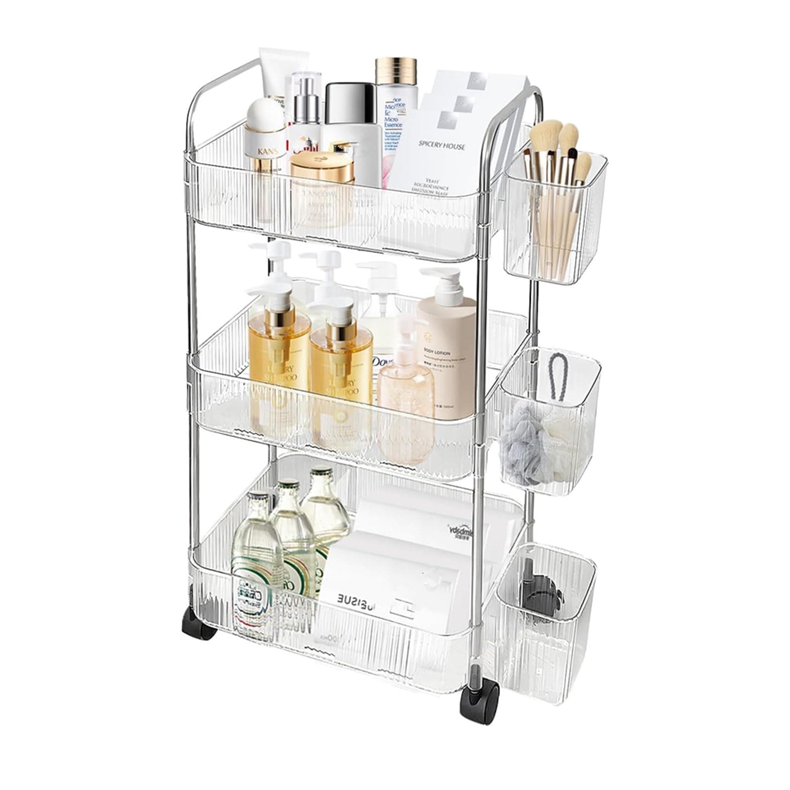 3-Tier Acrylic Rolling Utility Cart with Wheels Multi-Functional Storage Trolley Cart with Clear Trays Movable Storage Cart Organizer for Kitchen Bathroom Living Room Office (3 Tier)