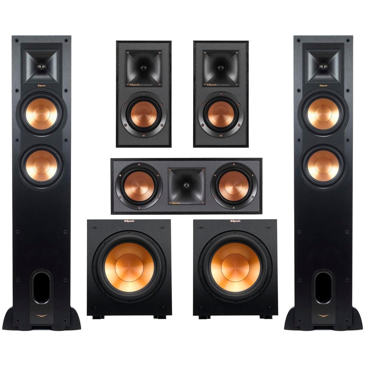Klipsch Reference 5.2 Home Theater Pack with 2X R-26FA Floorstanding Speaker, 2X R-12SW Subwoofer, R-25C Center Channel Speaker and 2X R-41M Bookshelf Speaker, Black
