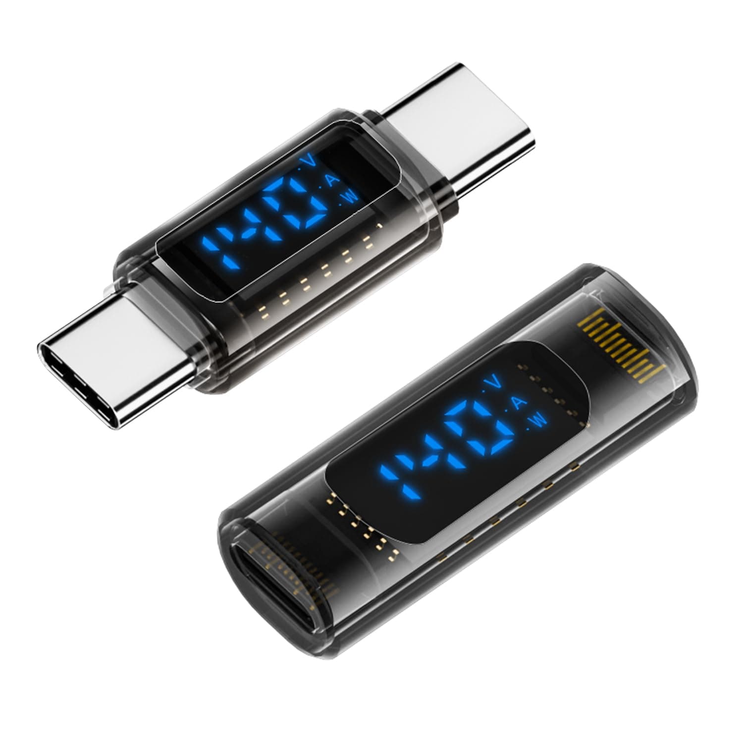 AreMe 2 Pack PD 140W USB-C Adapter with LED Display, USB Type C Male to Male Connector, USB C Female to Female Coupler for iPhone 15 Series, iPad Air/Pro, Support V/A/W Smart Display (Transparent)