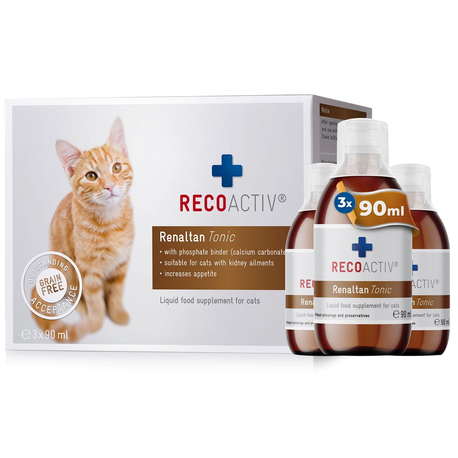 Renaltan Tonic for cats, 3 x 90 ml, dietary supplement with phosphate binder to reduce the phosphate content of food for animals with renal insufficiency or CRI