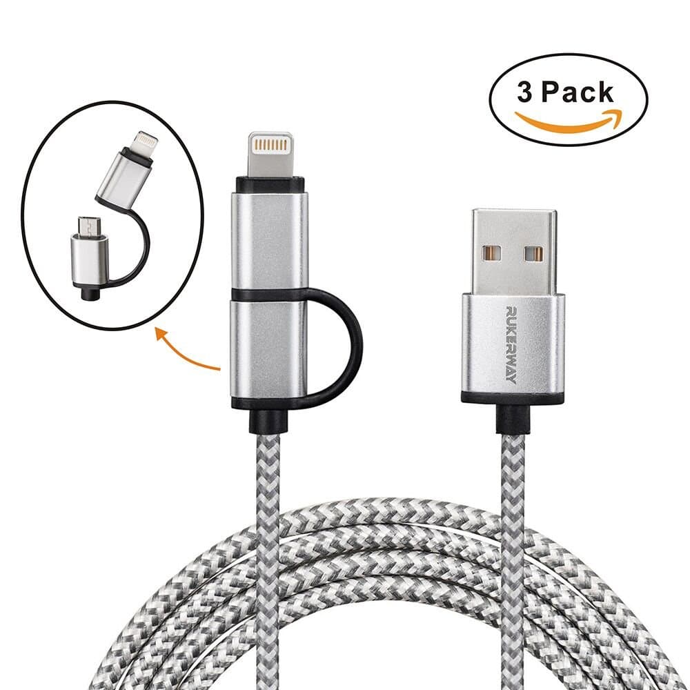 Rukerway Extra Long Lightning and Micro USB Cable 5 Times Durable 3 Pack Nylon Braided High Speed Sync and Charging Power Cord for iPhone and Android Device