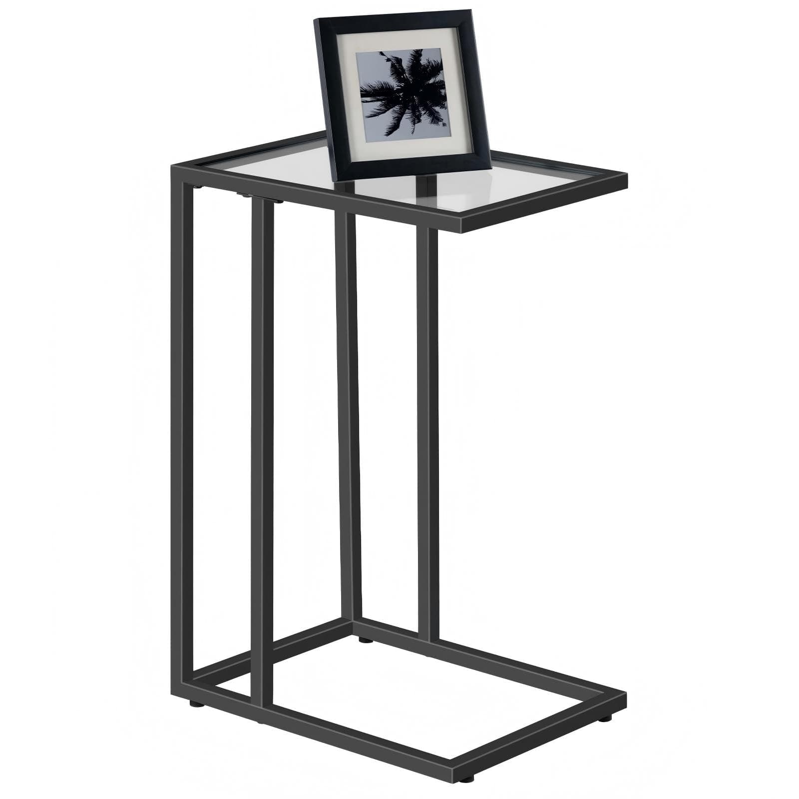 C Shaped End Table, Side Table for Sofa, Couch Table for Small Space with Tempered Glass, Metal Frame, Modern Style, Black BK03SF01