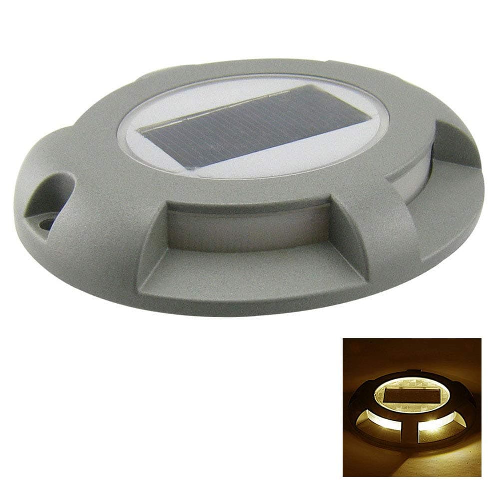 4 Pack Solar Deck Lights LED Solar Powered Outdoor Round Dock Light Decking Driveway Light Lamps Step Road Path Stud Light IP65 Waterproof Wireless Safety Warning Driveway Lights (Warm White Light)