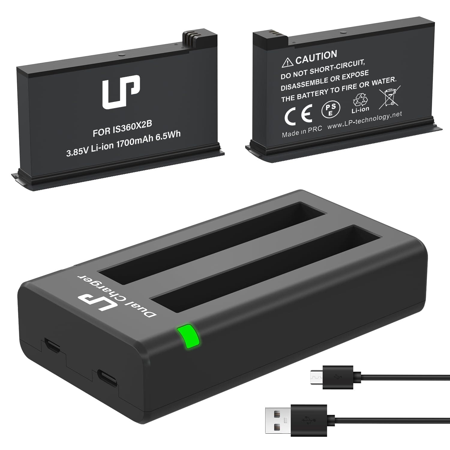 360 ONE X2 Battery Charger Pack, Compatible with ONE X2 Action Camera, LP 2-Pack Replacement Battery & Dual Slot Charger