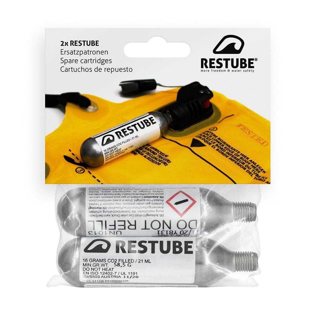Restube CO2 Replacement Cartridges for One-Pull Inflatable Swim Buoy (Set of 2) - 16g Waterproof Marine CO2 Inflators for Swimming Float Buoyancy Aid