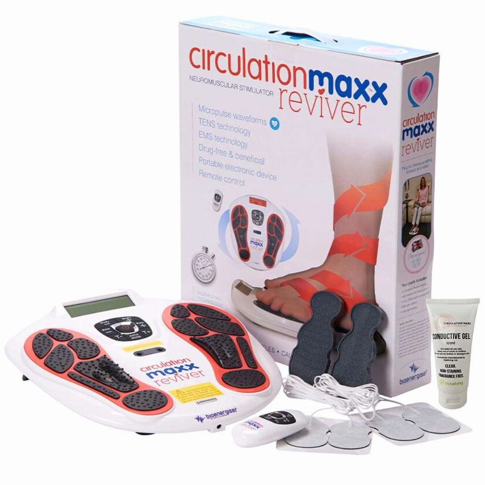 VYTALIVING Circulation Maxx Reviver Bundle Foot Circulation Machine & Conductive Gel, 99 Power Levels- Lightweight TENS Foot Massager, Remote, Electrode Pads, Medical Grade Circulation Blood Booster