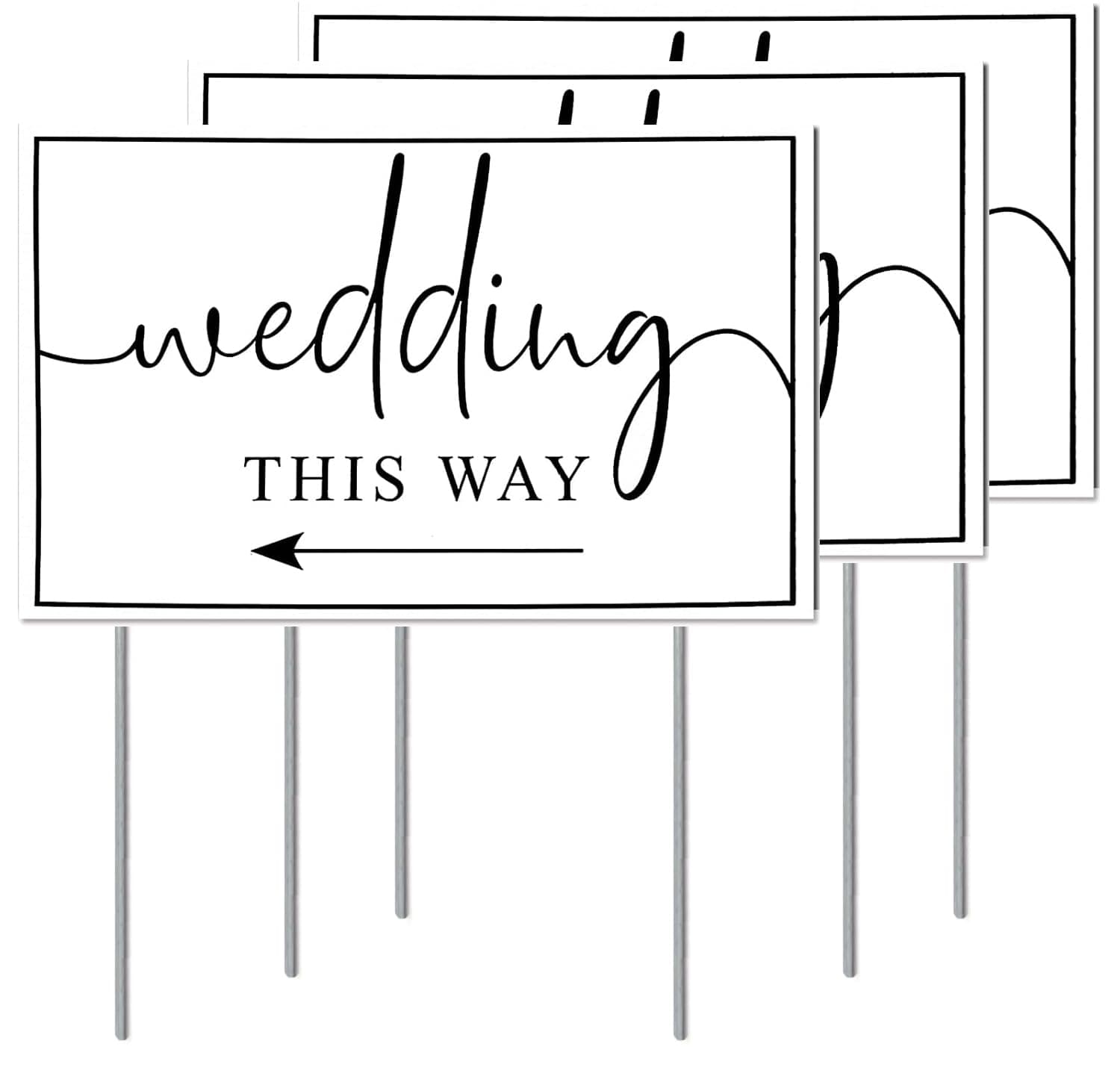 Wedding Direction Arrow Signs 3-Pack - Double-Sided Printed This Way Signs with Metal Stakes for Wedding Ceremony and Reception - 17” x 12” Inch