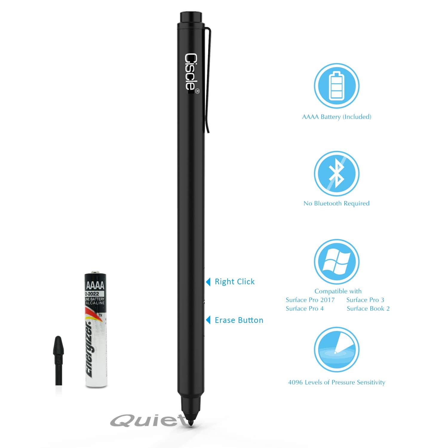 Surface Pen, Ciscle Active Stylus Digital Pen: High-precision 1.0mm with 1024 Levels of Pressure Sensitivity, 2 Types of Tips for Surface Pro(2017), Surface Pro 4, Surface Laptop, Surface Book-(Black)