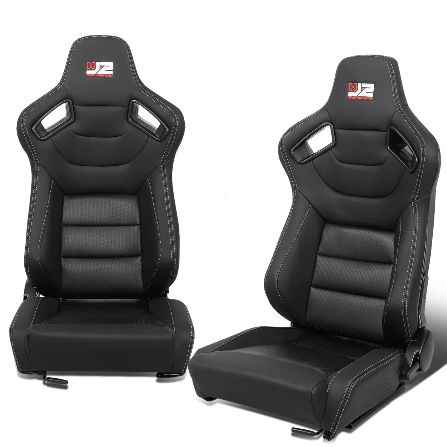 J2 Engineering J2-RS-002-BK Universal Reclinable Back Rest Racing Bucket Seats, 38" H X 21" W X 23" D, 1 Pair, Black
