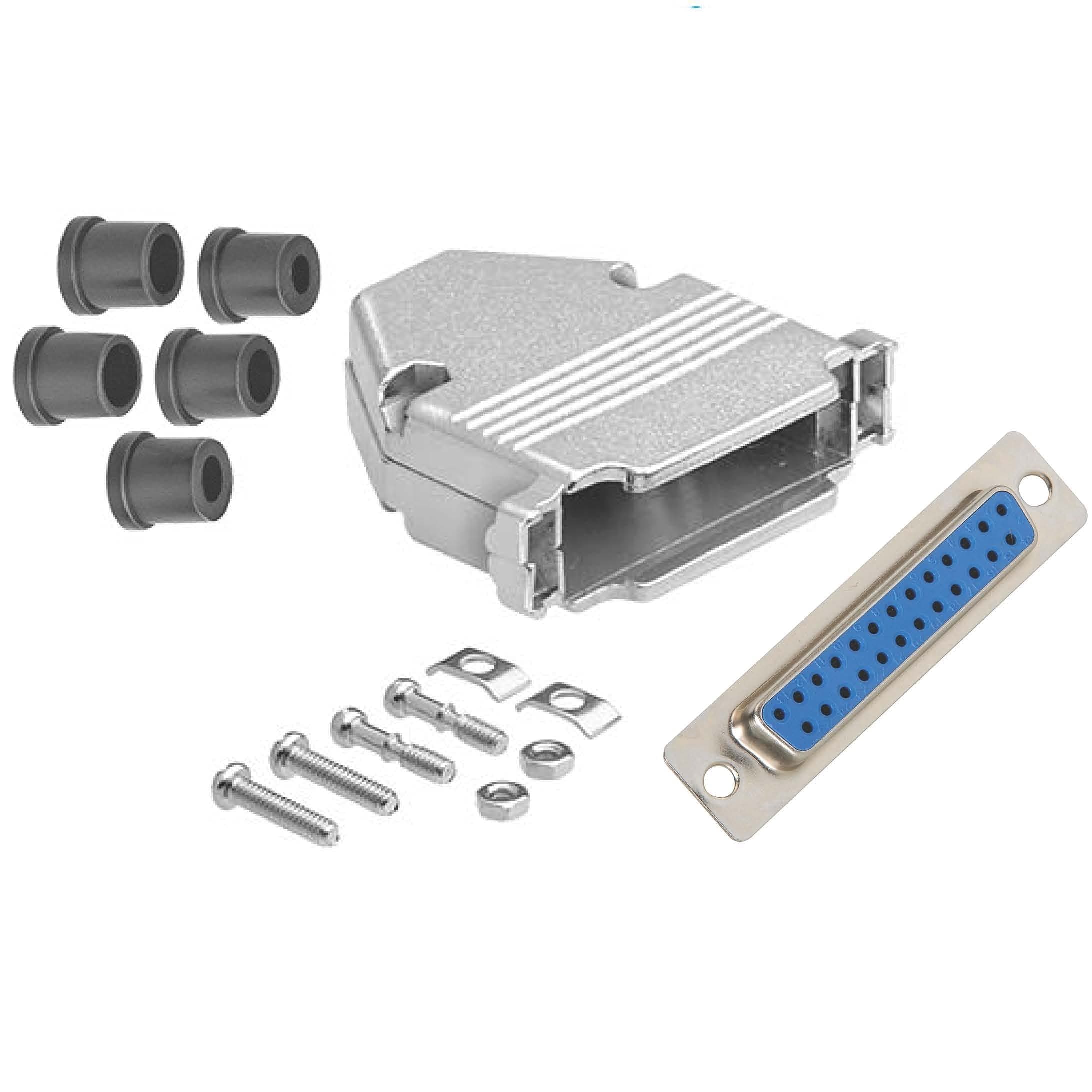 CompuCablePlusUSA.com Best DB25 Female Connector Kit, DB25 D-Sub Female Solder Type+Metal Hood + Strain Relief Grommets, Complete DB25 Female Solder Type DIY Set Fix/Make/Assembly Your own DB25 Cable.