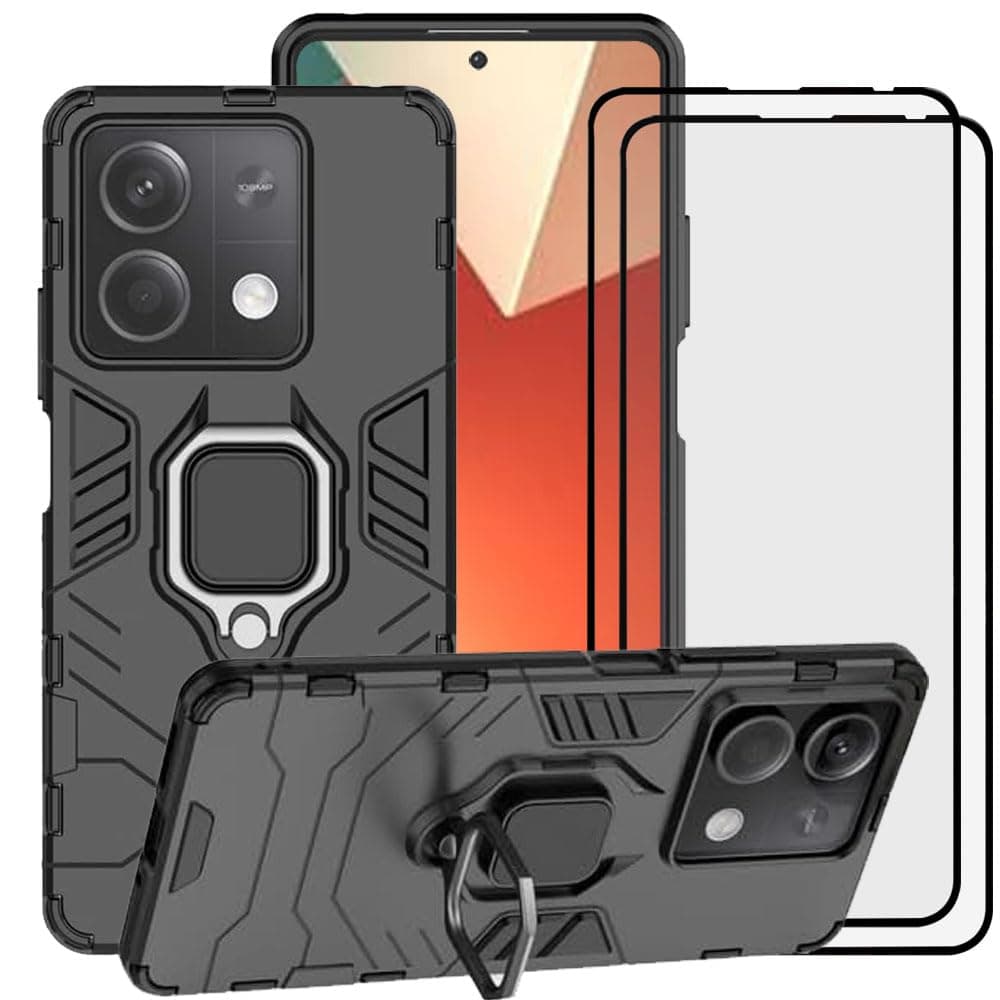 for Xiaomi Redmi Note 13 5G Case, 2 in 1 Hybrid Heavy Duty Armor Shockproof Defender Kickstand Dual Layer Bumper Hard Back Case Cover Tempered Glass Screen Protector [2 Pack]，Black